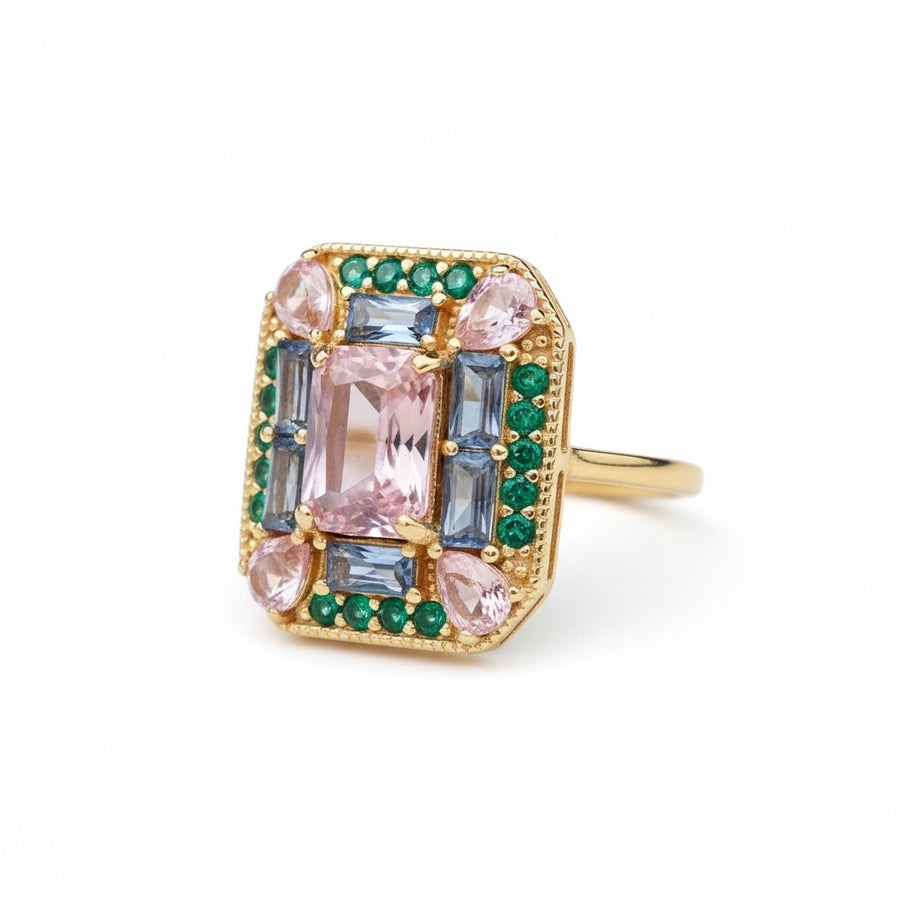 Vivian Grace Jewelry Ring Emerald Morganite Art Deco Cocktail Ring -Lab Created Gemstones