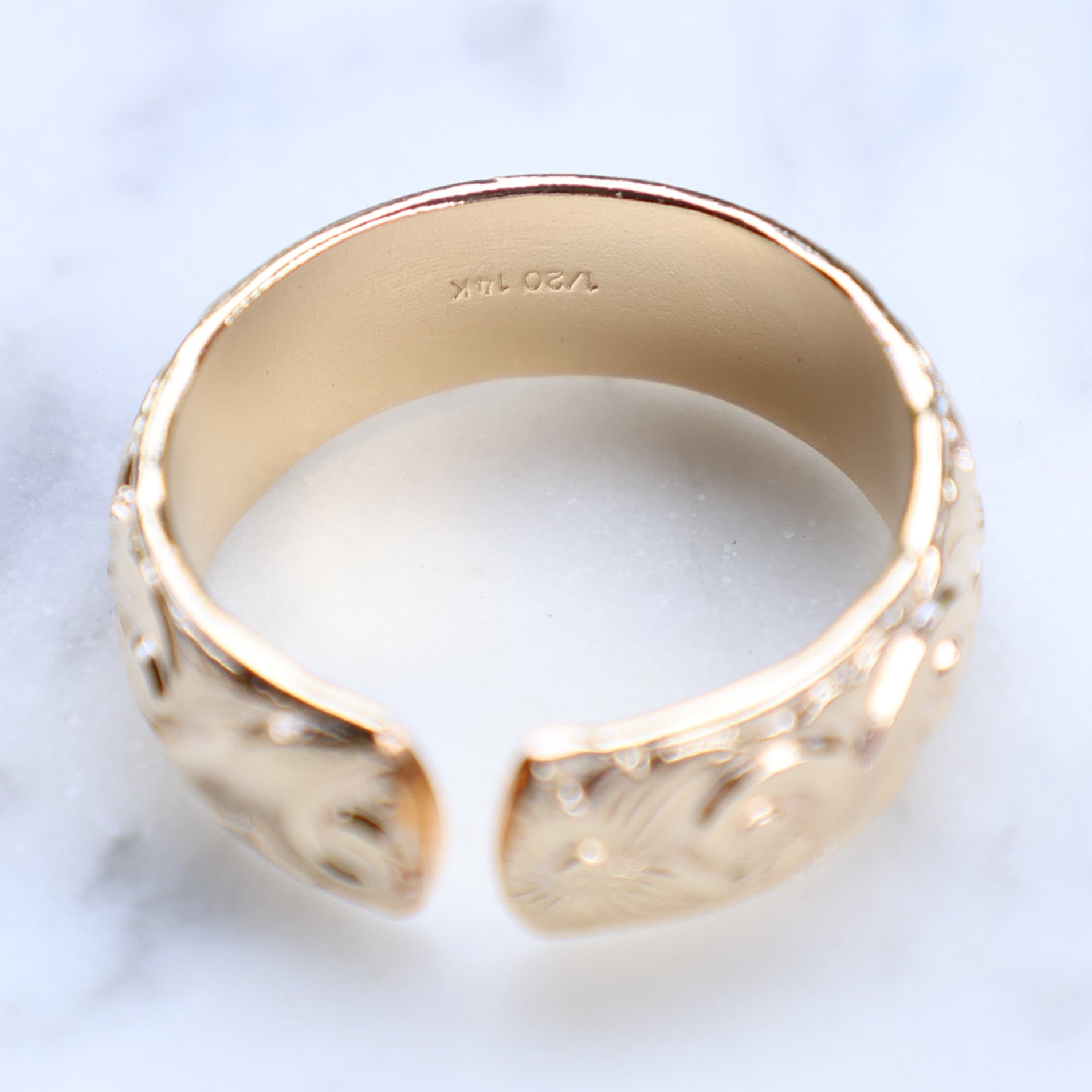 Vivian Grace Jewelry Ring Floral Carved 14k Gold Filled Cigar Band- 6.4mm