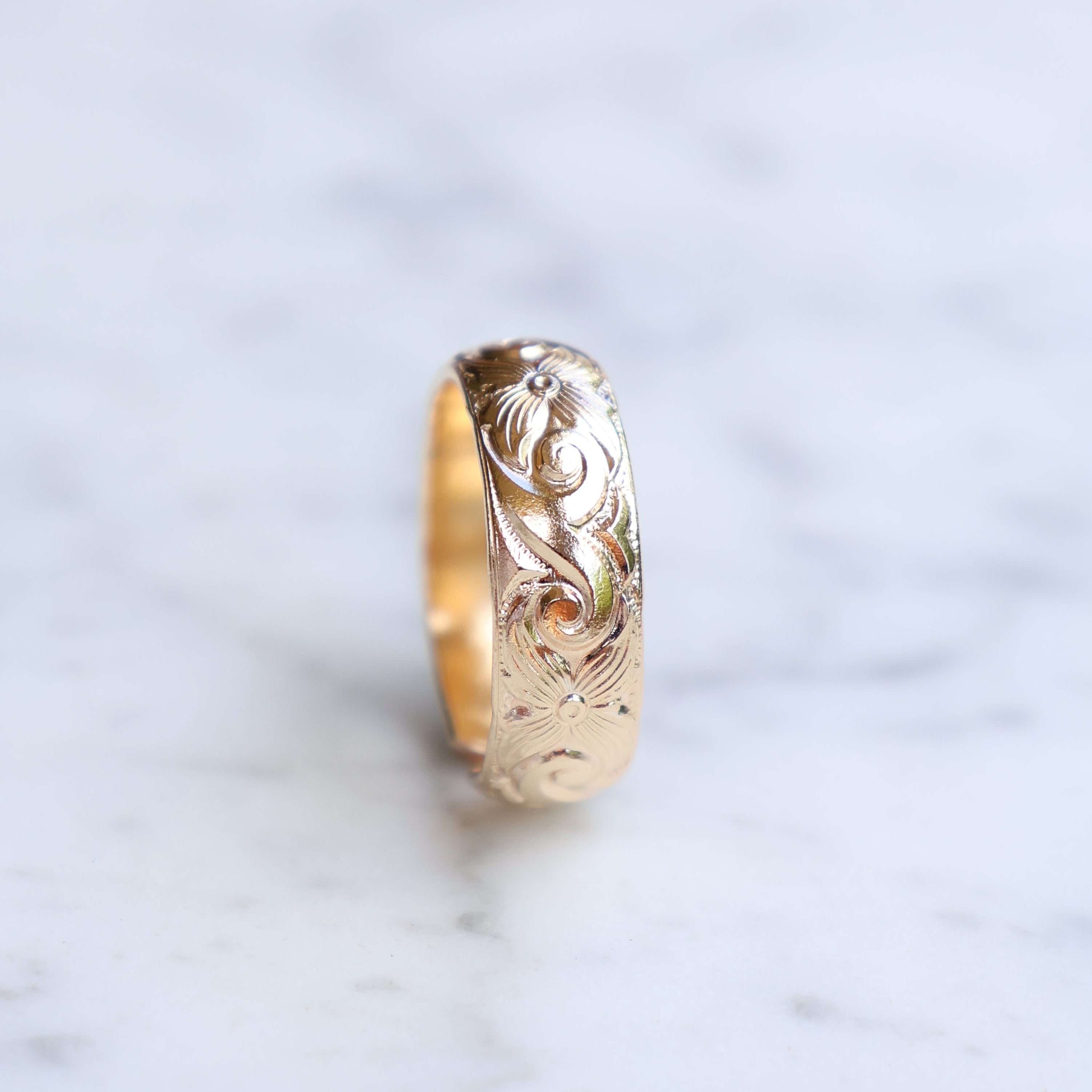 Vivian Grace Jewelry Ring Floral Carved 14k Gold Filled Cigar Band- 6.4mm
