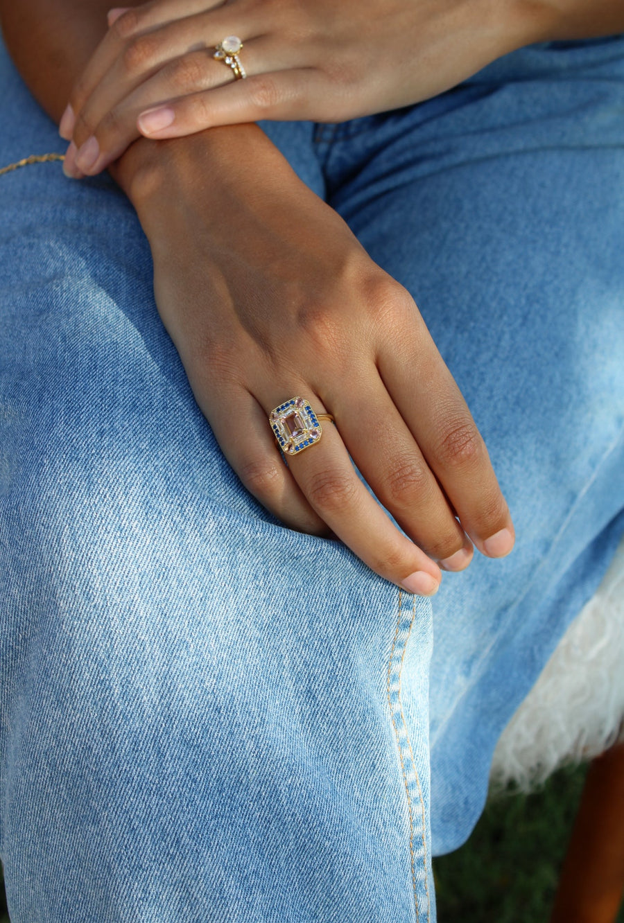 Vivian Grace Jewelry Ring Lab-Grown Sapphire Morganite Art Deco Cocktail Ring