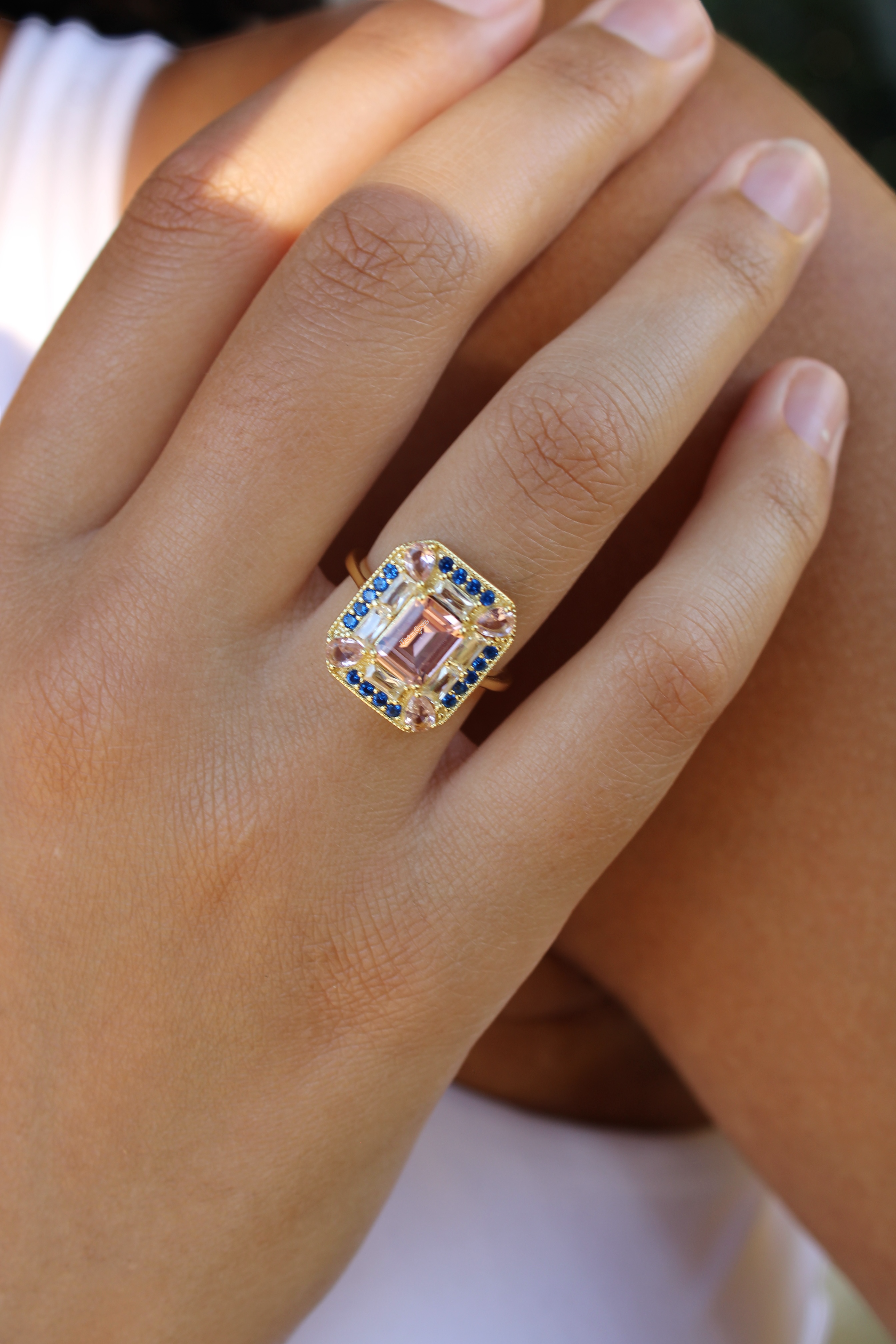 Vivian Grace Jewelry Ring Lab-Grown Sapphire Morganite Art Deco Cocktail Ring
