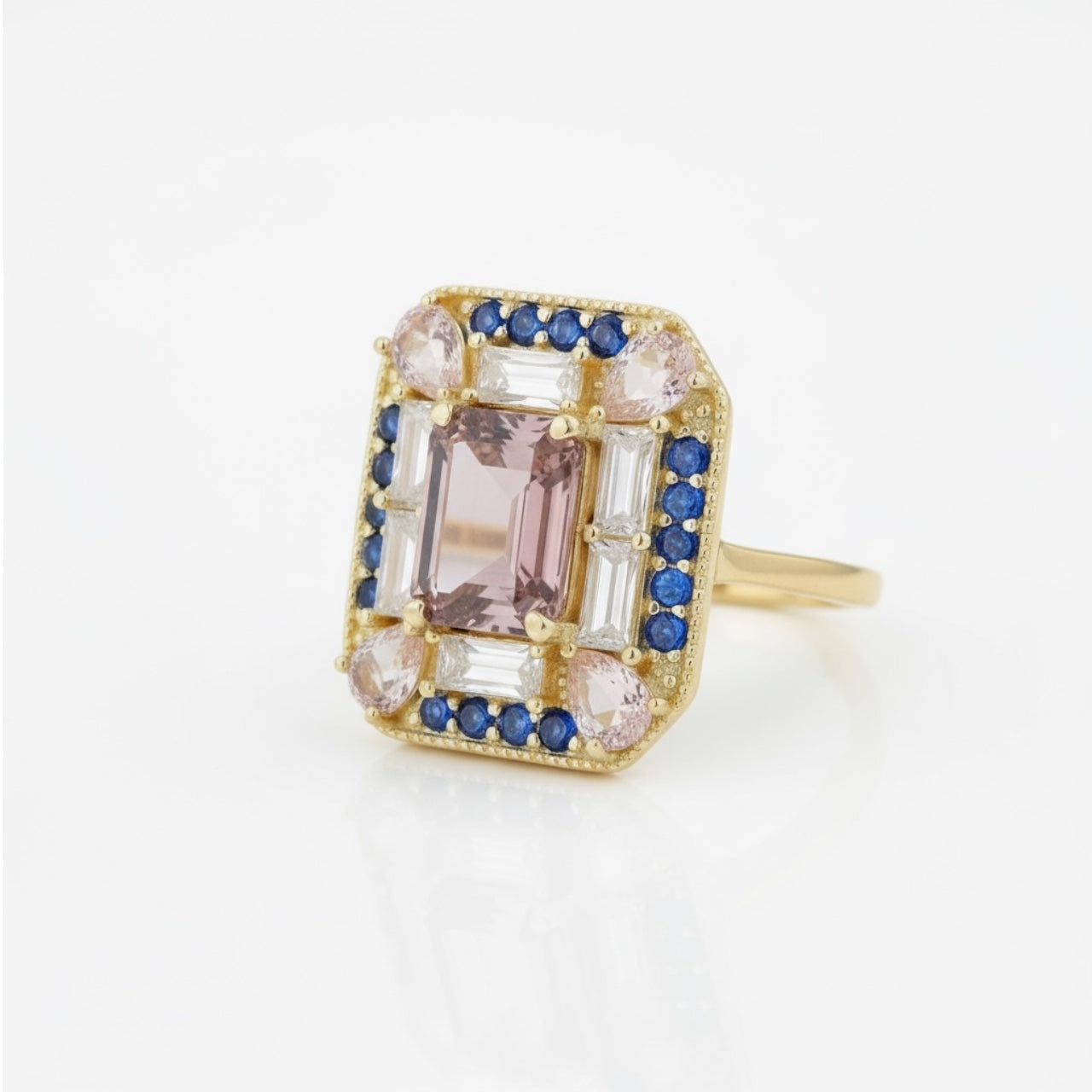 Vivian Grace Jewelry Ring Lab Sapphire Morganite Art Deco Cocktail Ring as