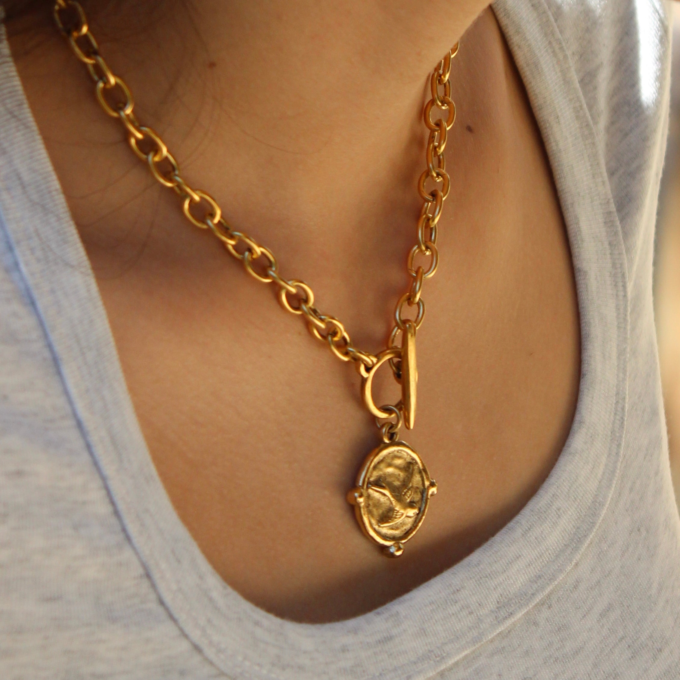 Vivian Grace Necklace Gold Antiqued Gold Coin Toggle Chain
