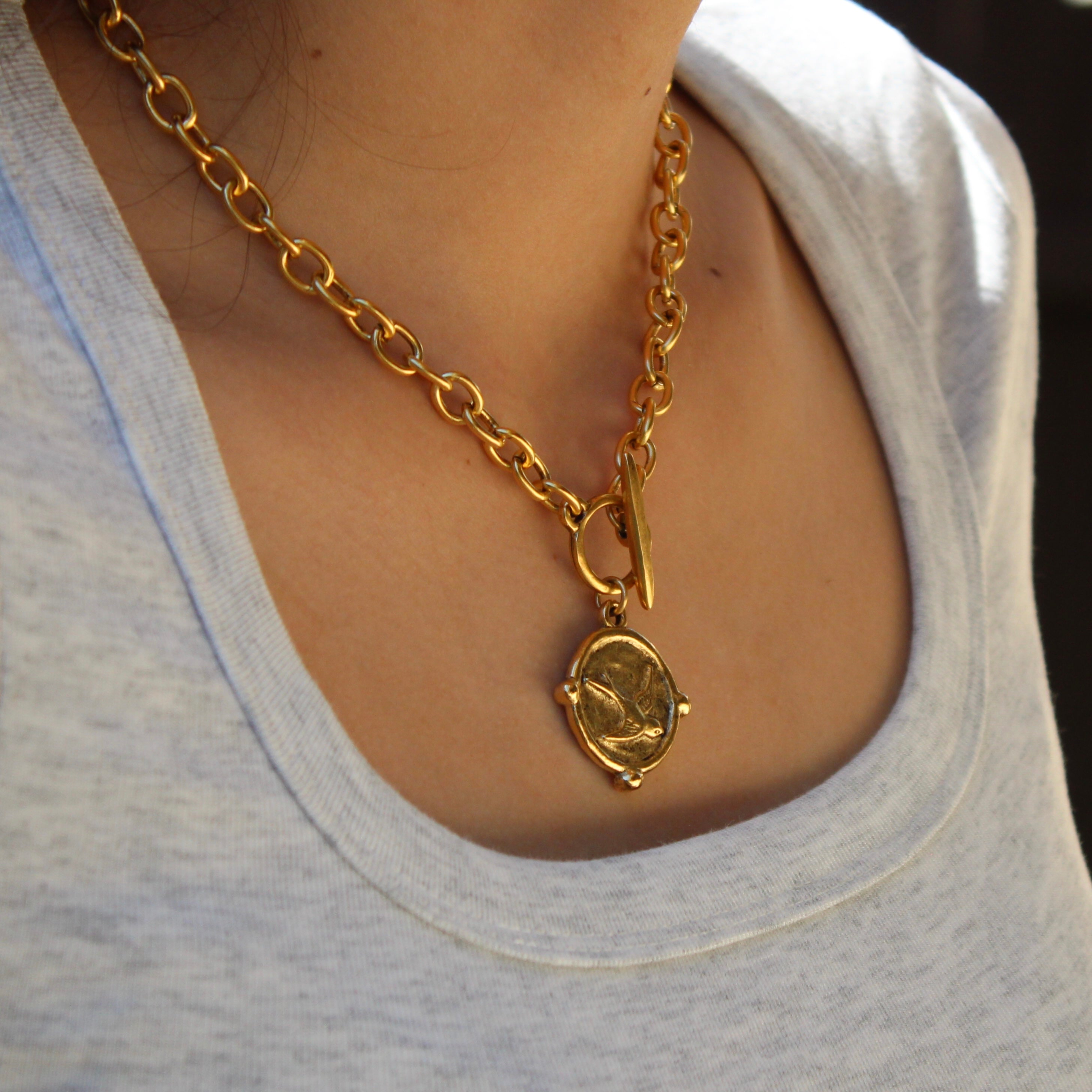 Vivian Grace Necklace Gold Antiqued Gold Coin Toggle Chain