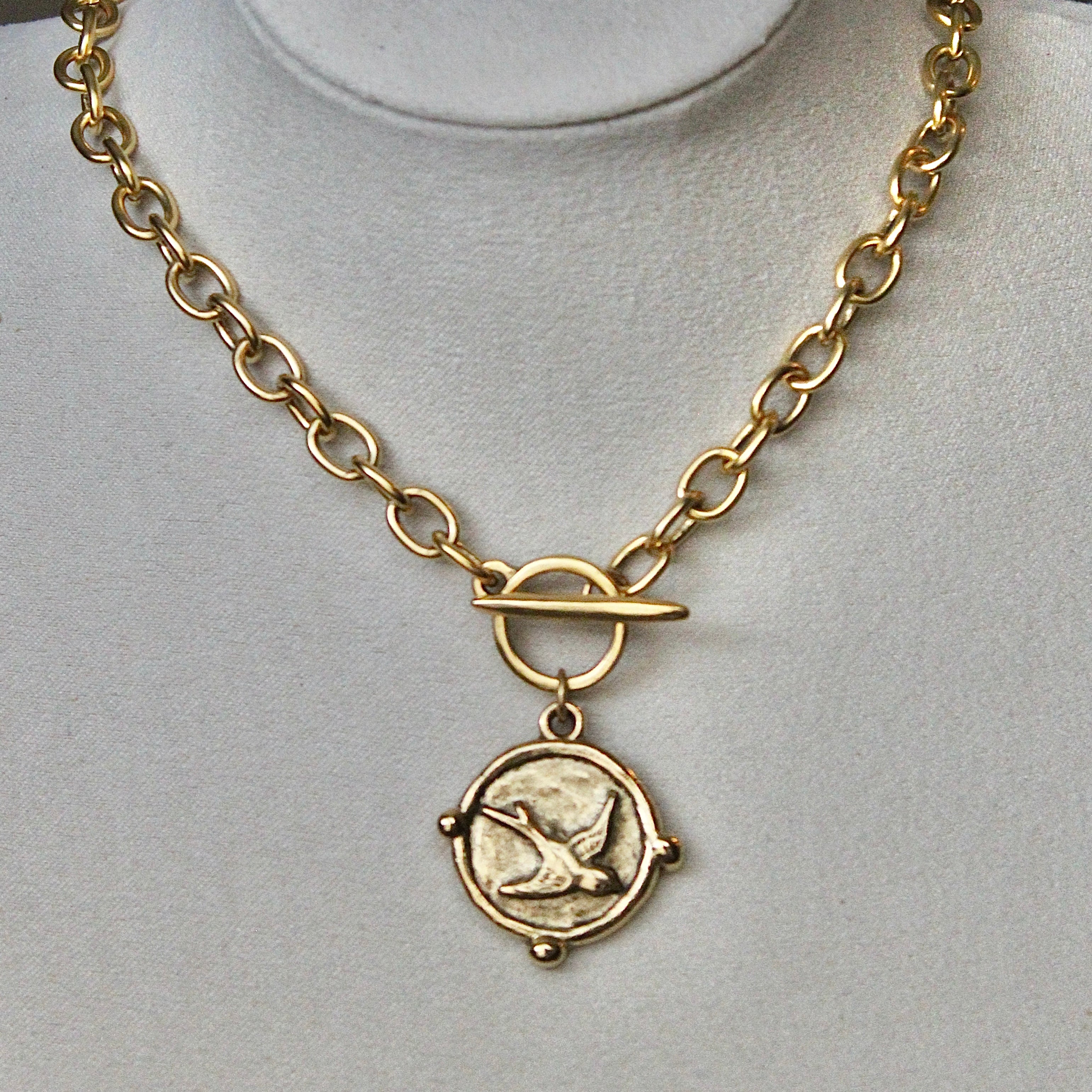 Vivian Grace Necklace Gold Antiqued Gold Coin Toggle Chain