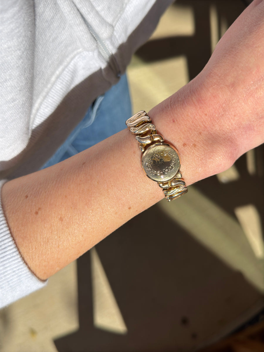 Vivian Grace Vintage Bracelet Gold Speidel Gold-Filled Sweetheart Bracelet with engraved floral locket- Vintage
