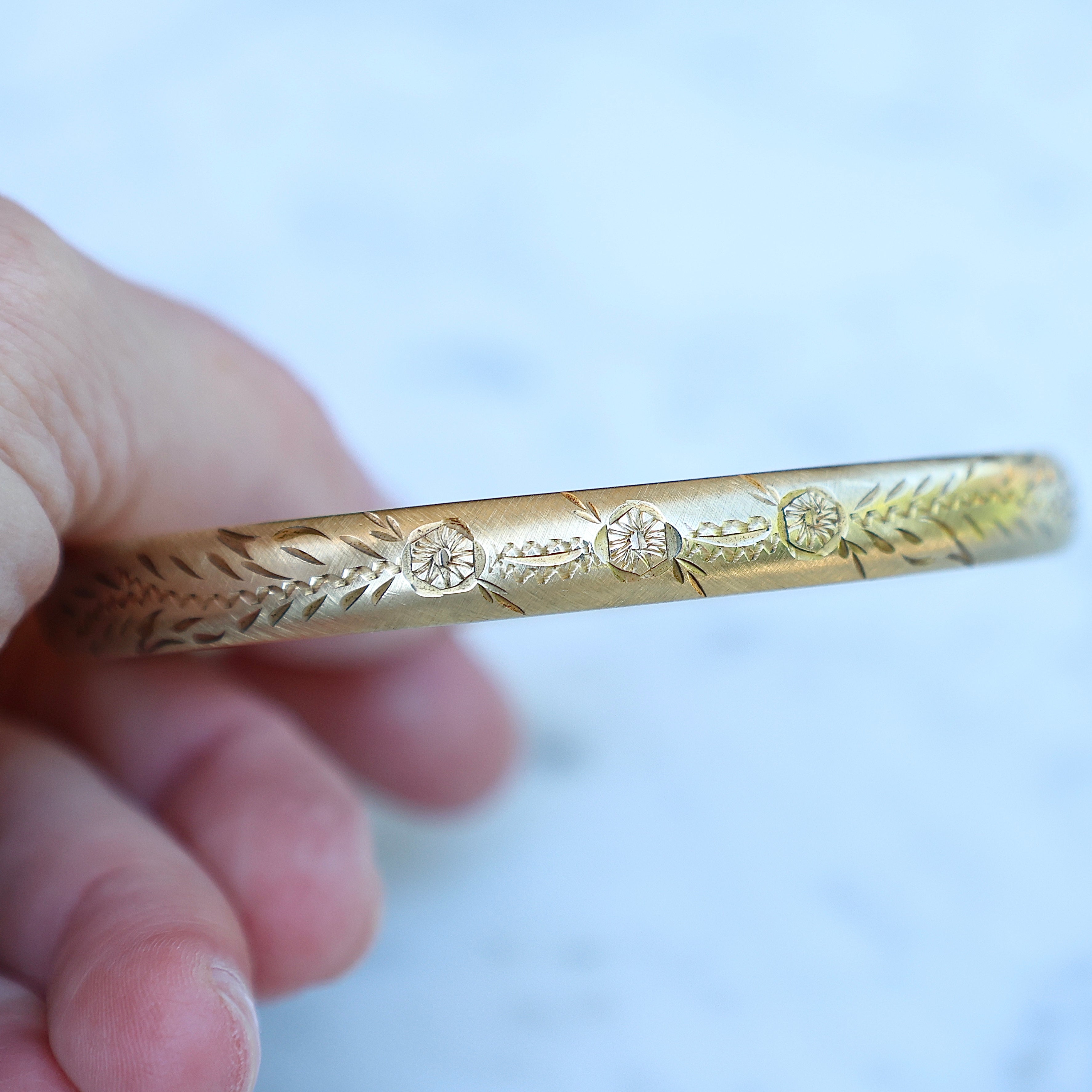 Vivian Grace Vintage Bracelet Gold Vintage 12k Gold-Filled Floral Etched Bangle Bracelet- slim design