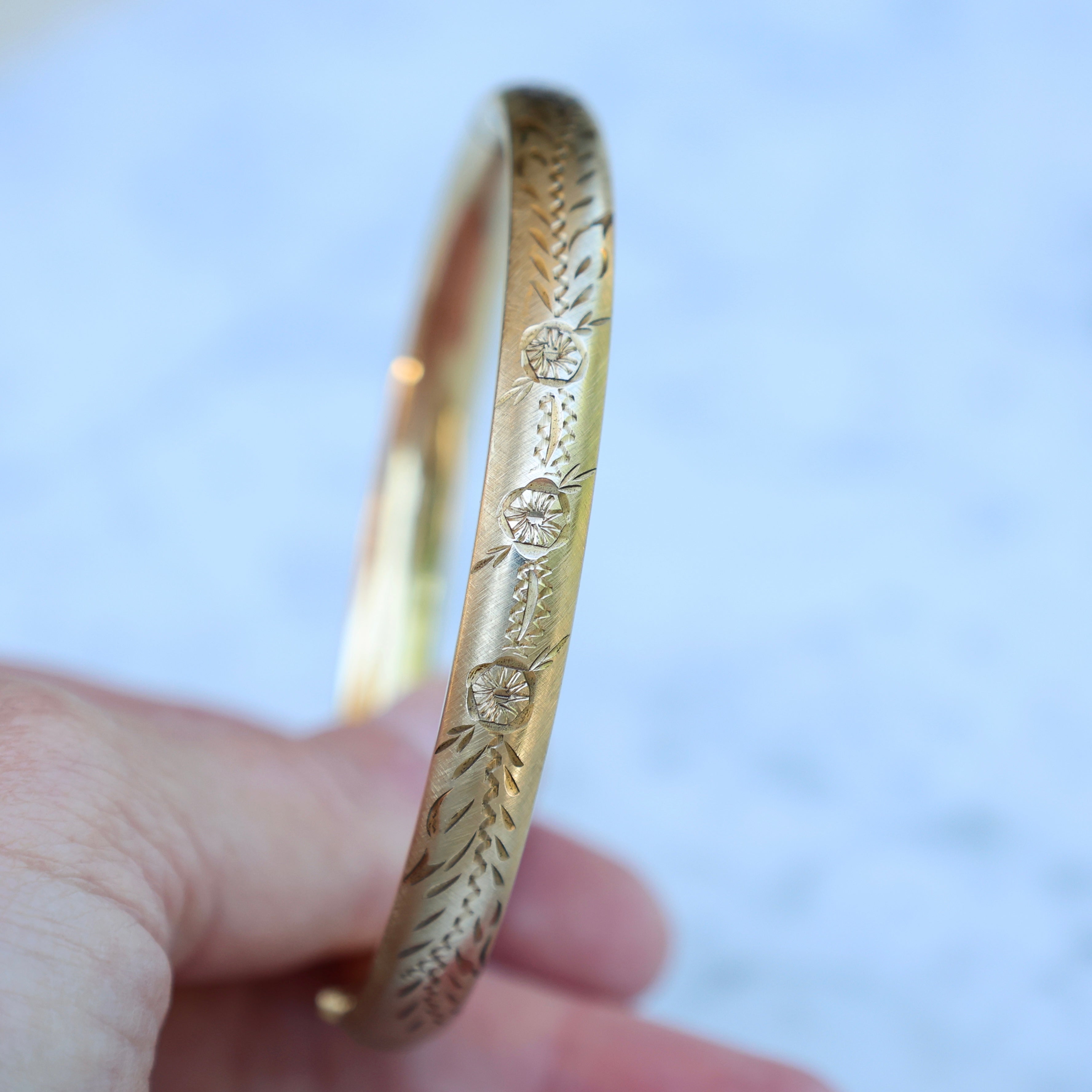 Vivian Grace Vintage Bracelet Gold Vintage 12k Gold-Filled Floral Etched Bangle Bracelet- slim design