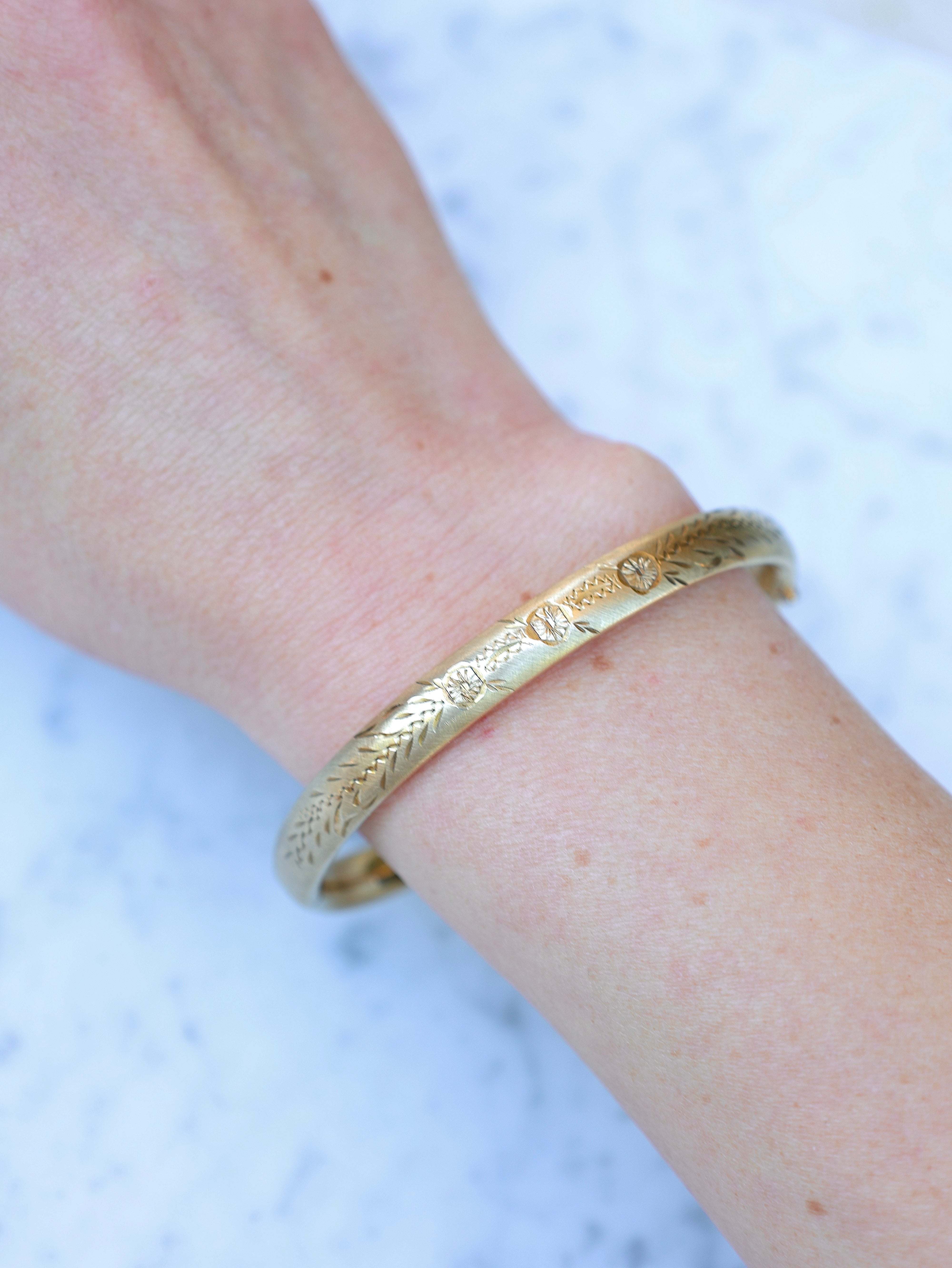 Vivian Grace Vintage Bracelet Gold Vintage 12k Gold-Filled Floral Etched Bangle Bracelet- slim design