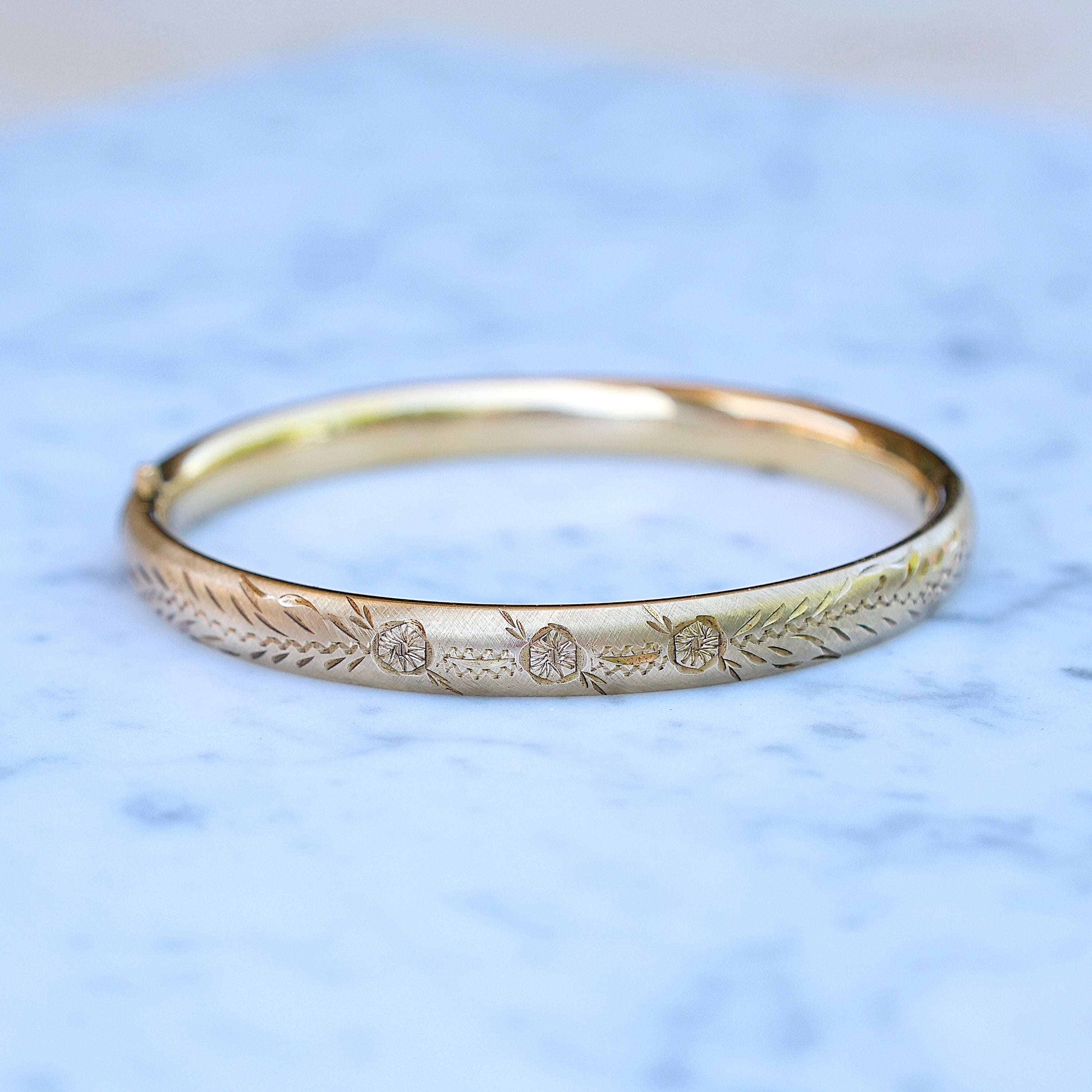 Vivian Grace Vintage Bracelet Gold Vintage 12k Gold-Filled Floral Etched Bangle Bracelet- slim design