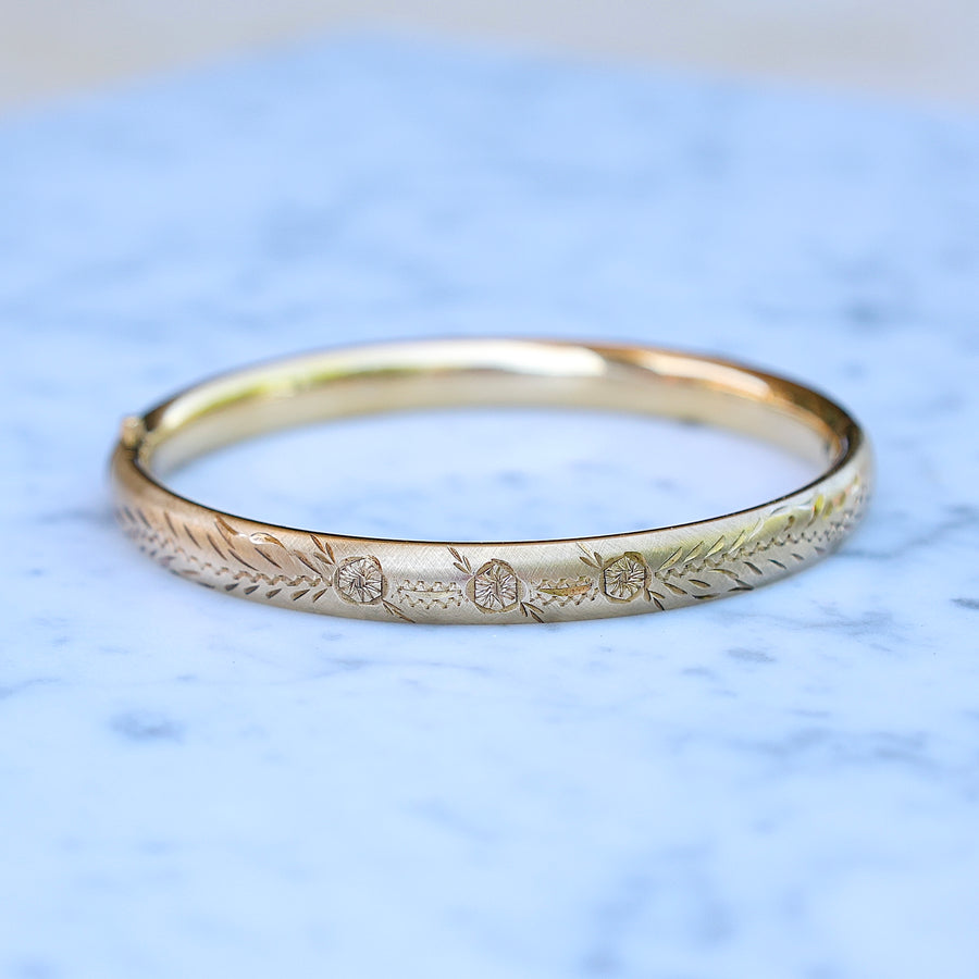 Vintage 12k Gold-Filled Floral Etched Bangle Bracelet- slim design
