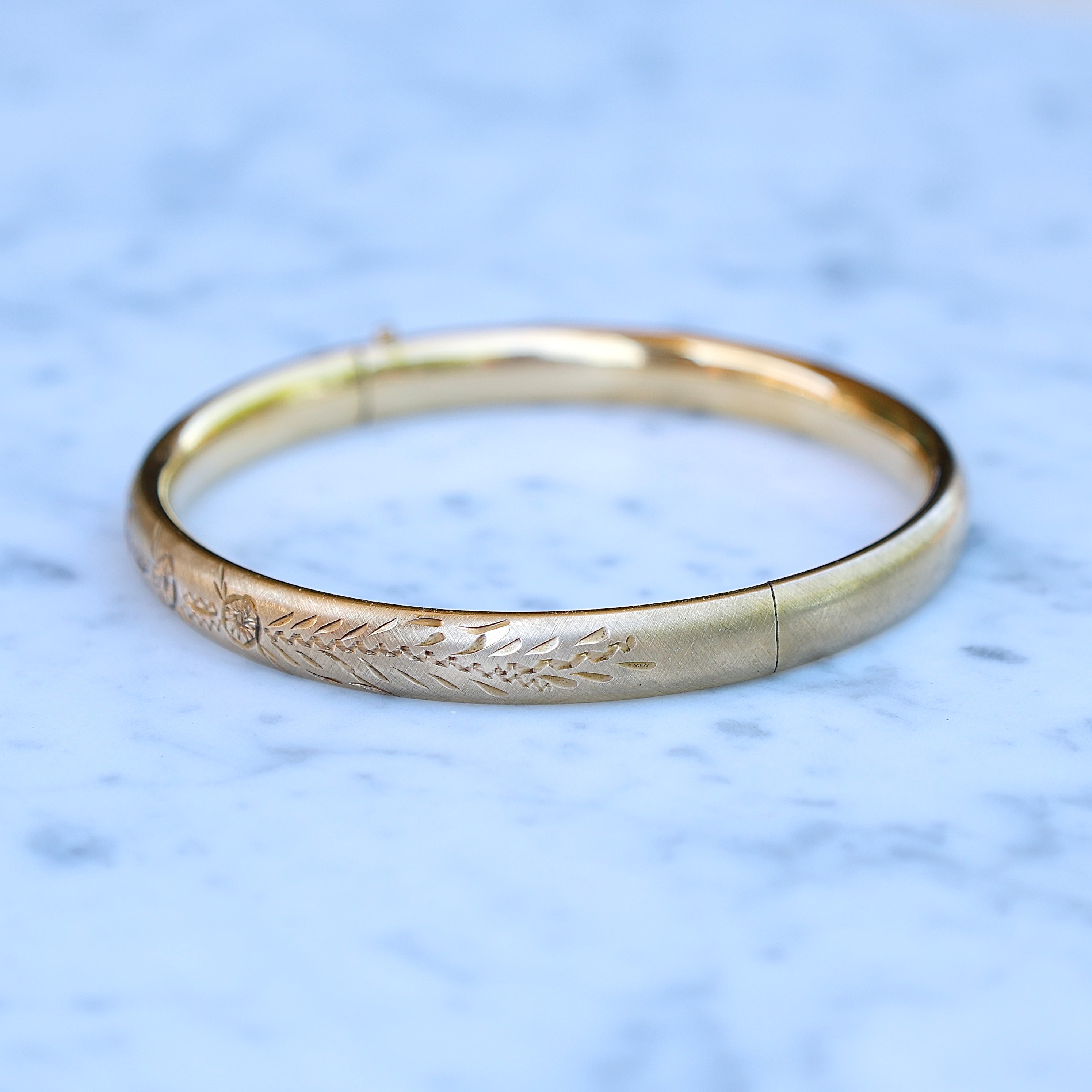 Vivian Grace Vintage Bracelet Gold Vintage 12k Gold-Filled Floral Etched Bangle Bracelet- slim design