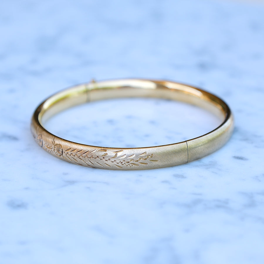 Vintage 12k Gold-Filled Floral Etched Bangle Bracelet- slim design