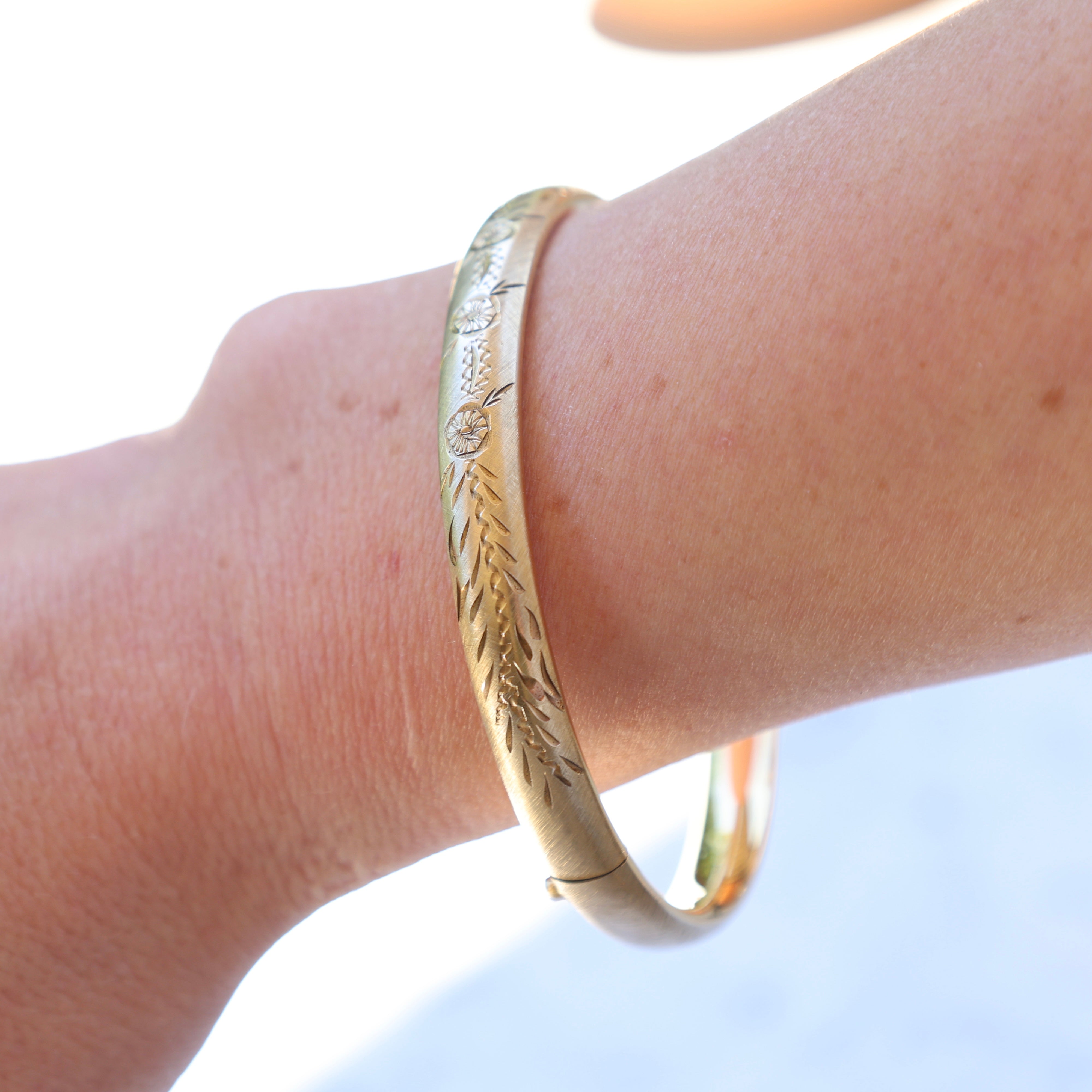 Vivian Grace Vintage Bracelet Gold Vintage 12k Gold-Filled Floral Etched Bangle Bracelet- slim design