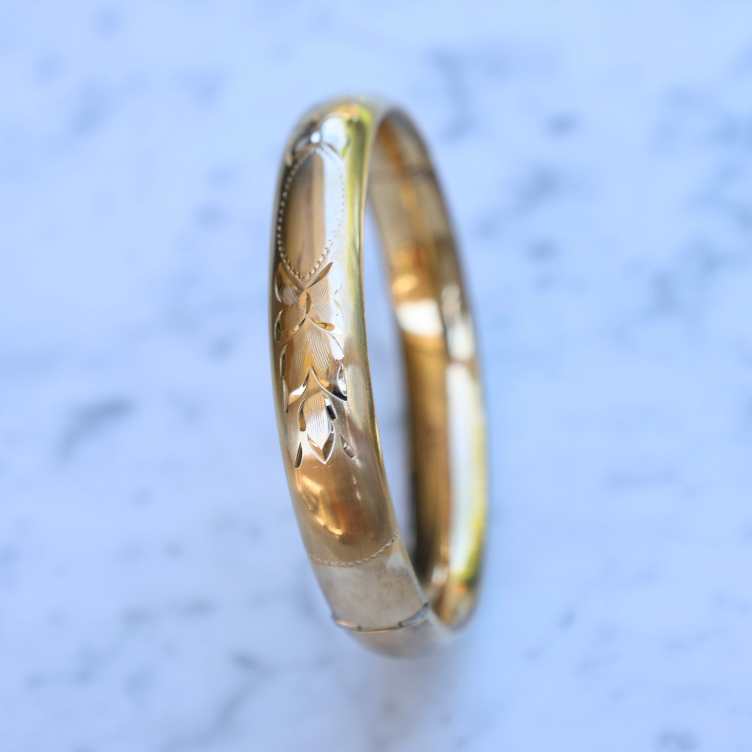 Vivian Grace Vintage Bracelet Gold Vintage 14k Gold-Filled Floral Etched Bangle Bracelet- Engraveable