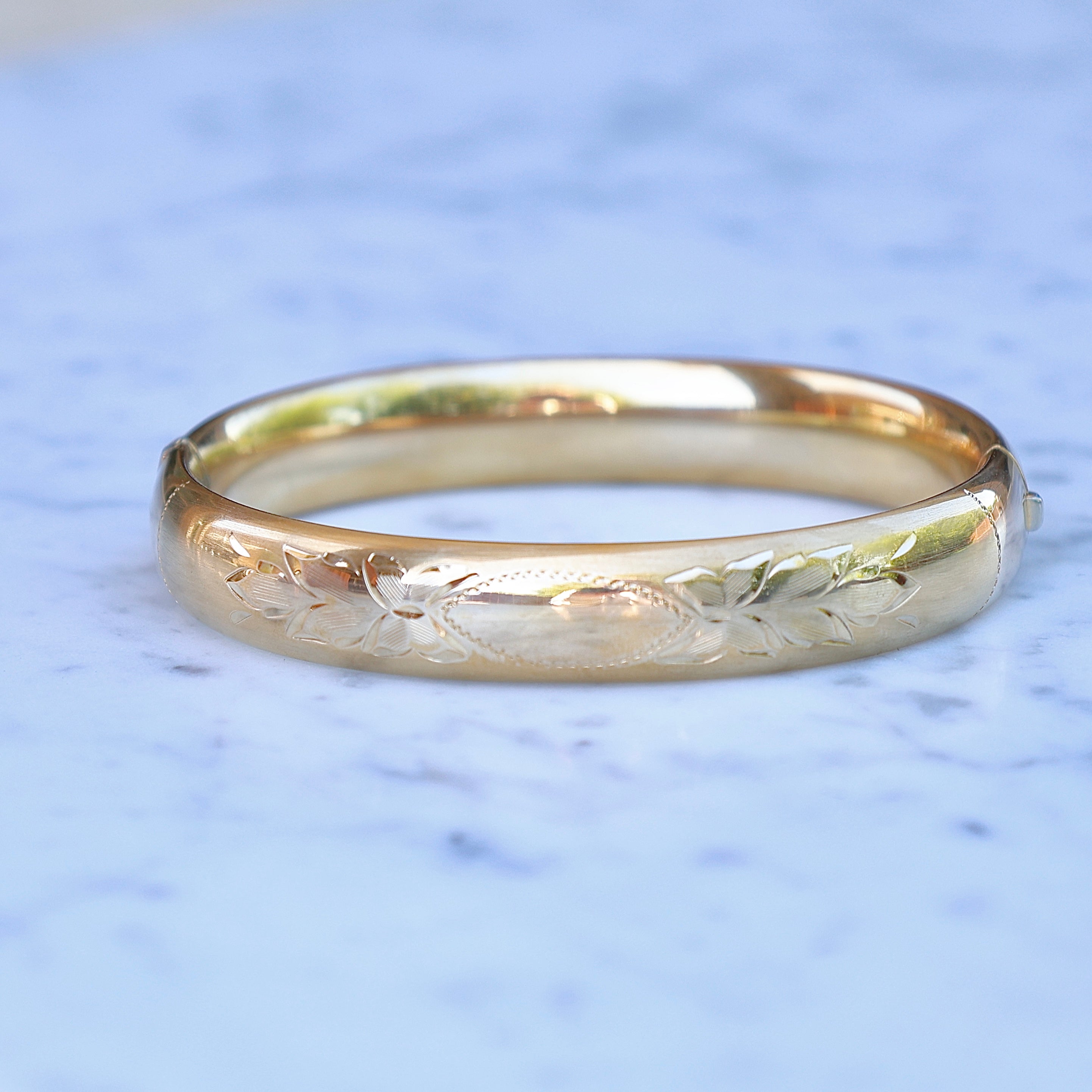 Vivian Grace Vintage Bracelet Gold Vintage 14k Gold-Filled Floral Etched Bangle Bracelet- Engraveable