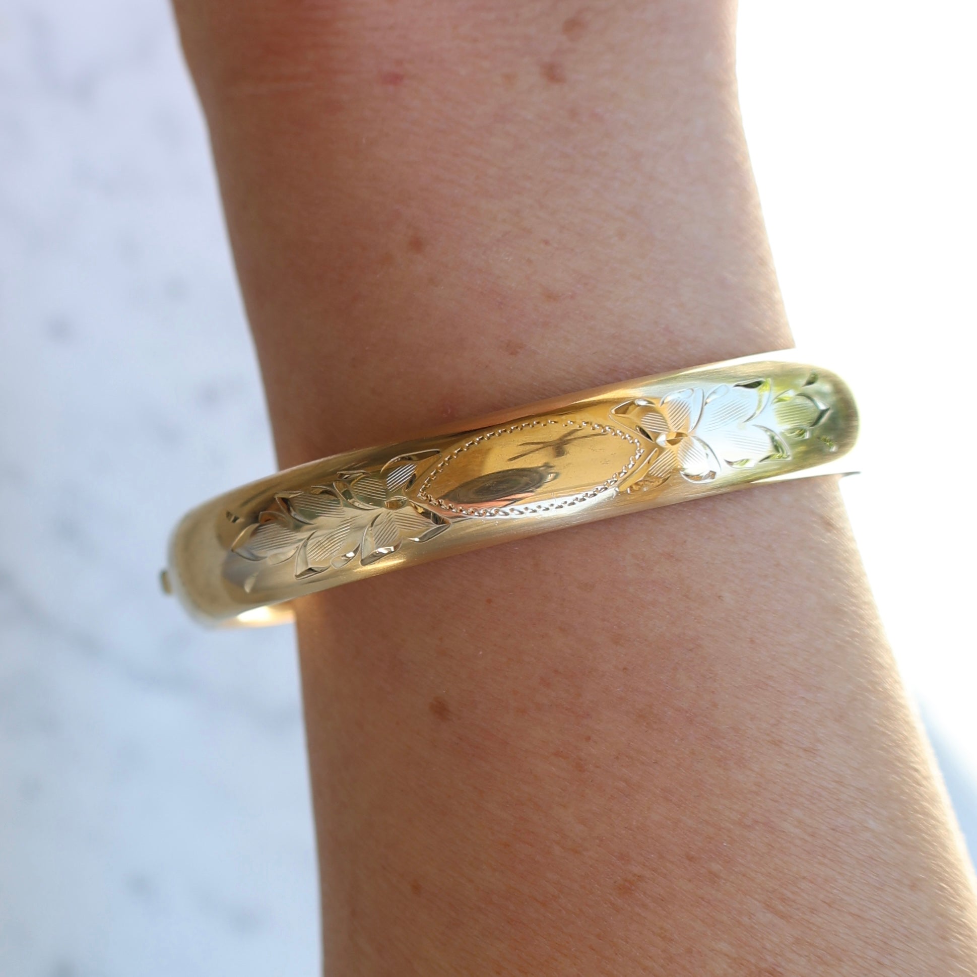 Vivian Grace Vintage Bracelet Gold Vintage 14k Gold-Filled Floral Etched Bangle Bracelet- Engraveable