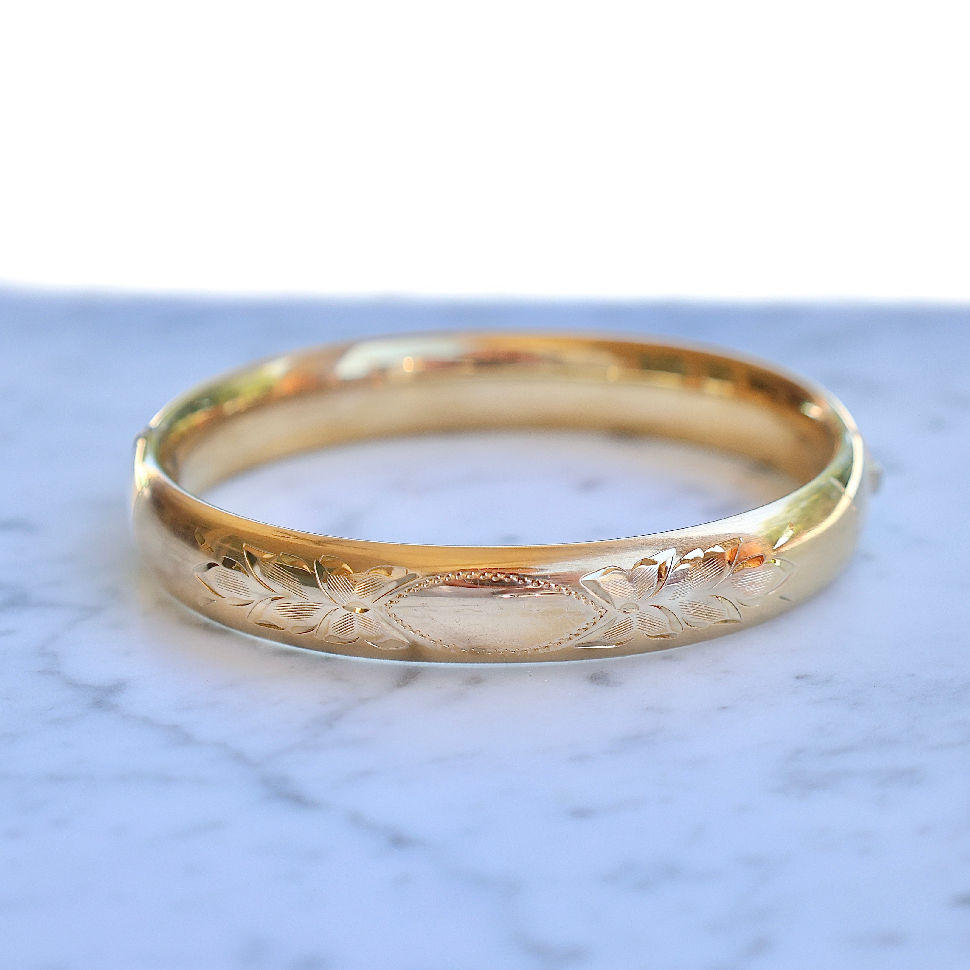 Vivian Grace Vintage Bracelet Gold Vintage 14k Gold-Filled Floral Etched Bangle Bracelet- Engraveable