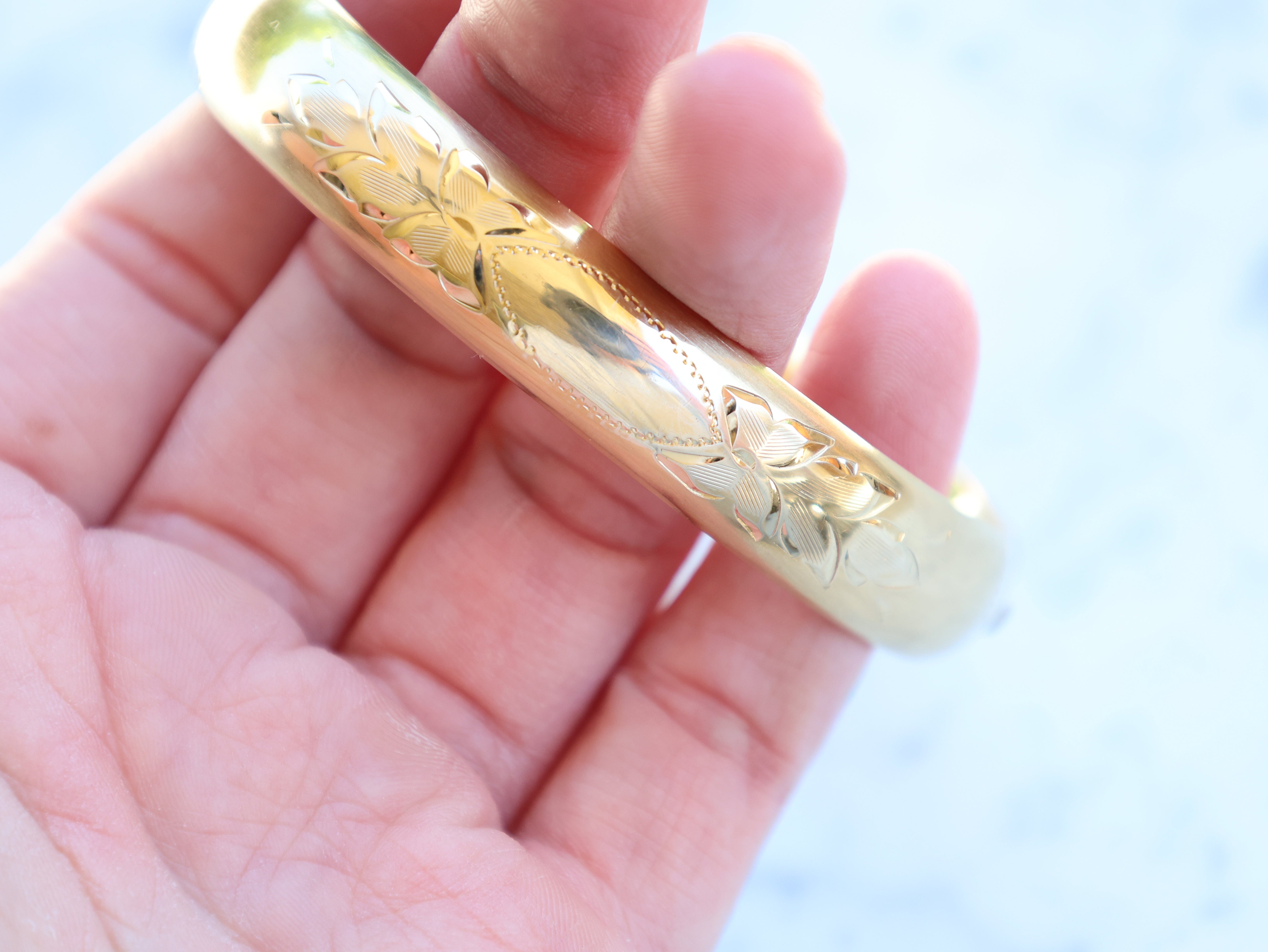Vivian Grace Vintage Bracelet Gold Vintage 14k Gold-Filled Floral Etched Bangle Bracelet- Engraveable