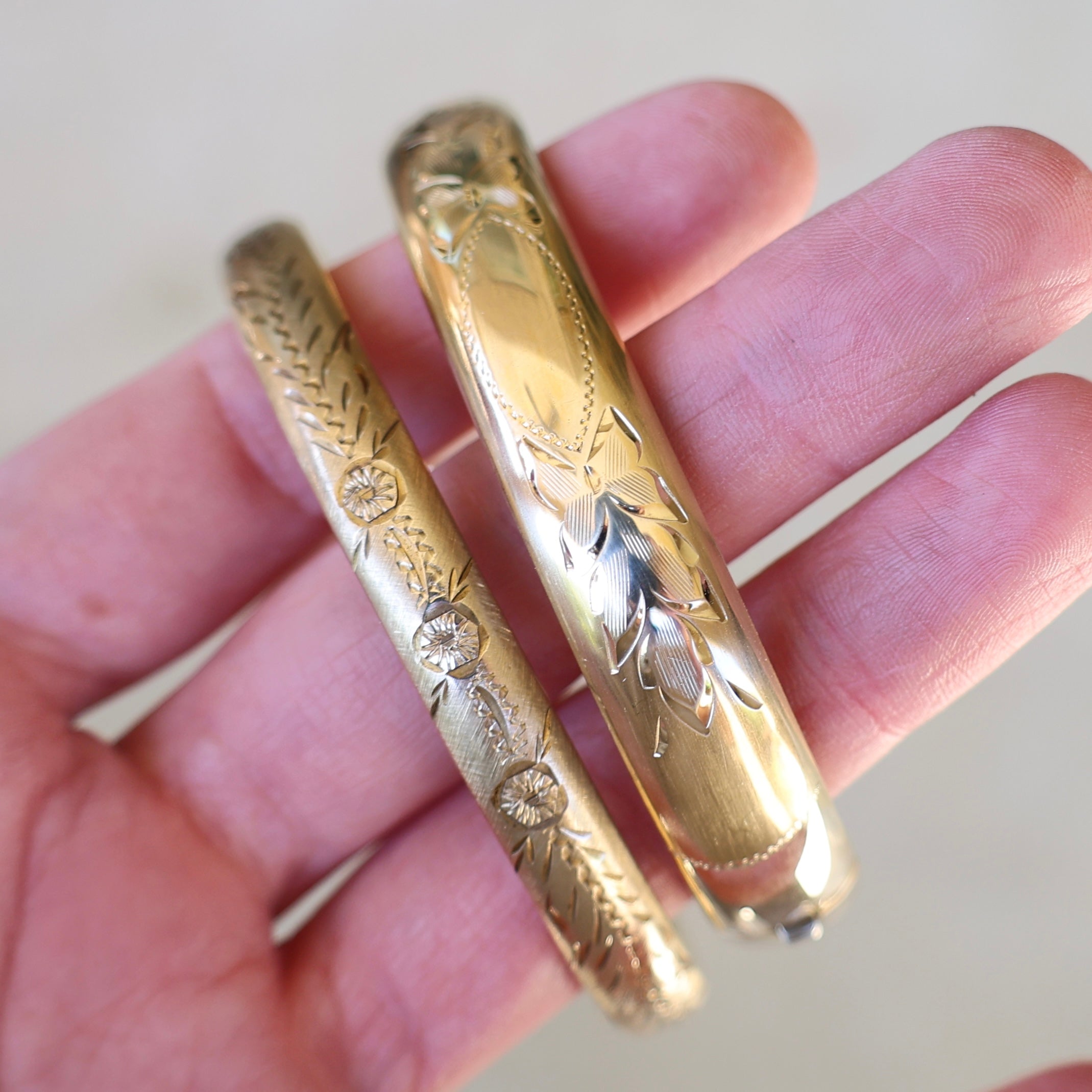 Vivian Grace Vintage Bracelet Gold Vintage 14k Gold-Filled Floral Etched Bangle Bracelet- Engraveable