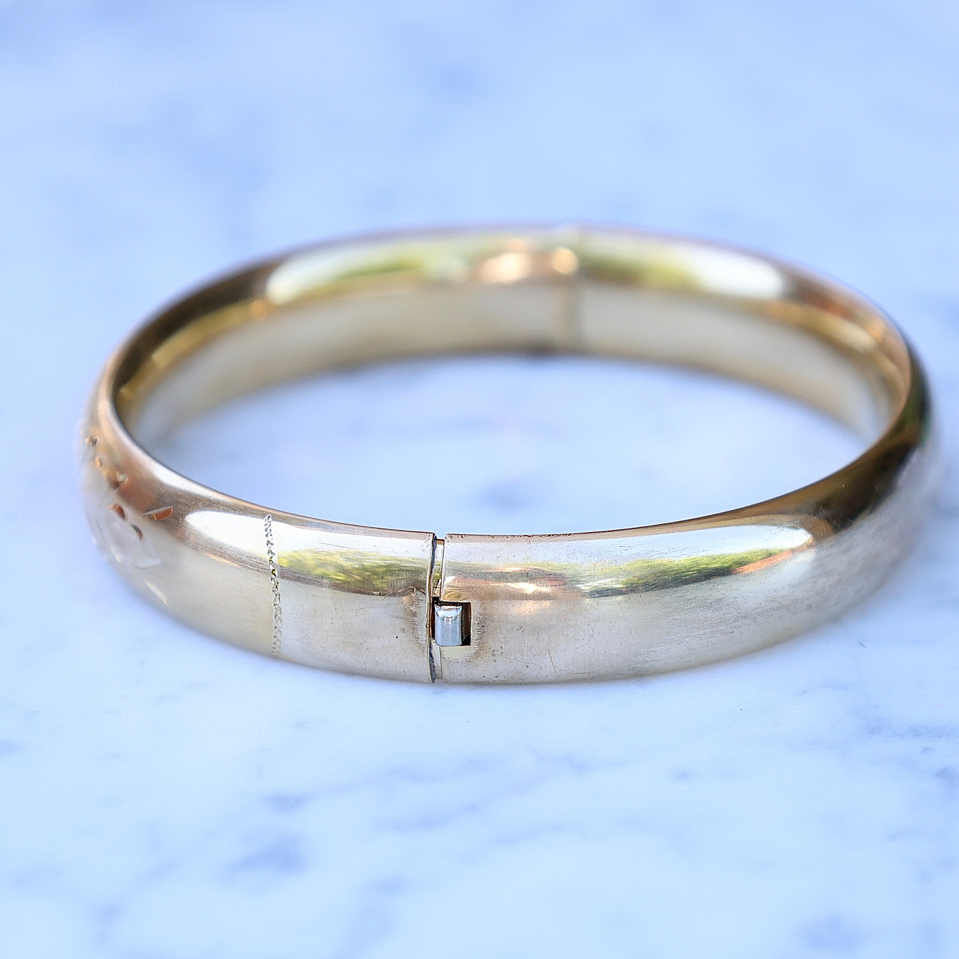 Vivian Grace Vintage Bracelet Gold Vintage 14k Gold-Filled Floral Etched Bangle Bracelet- Engraveable
