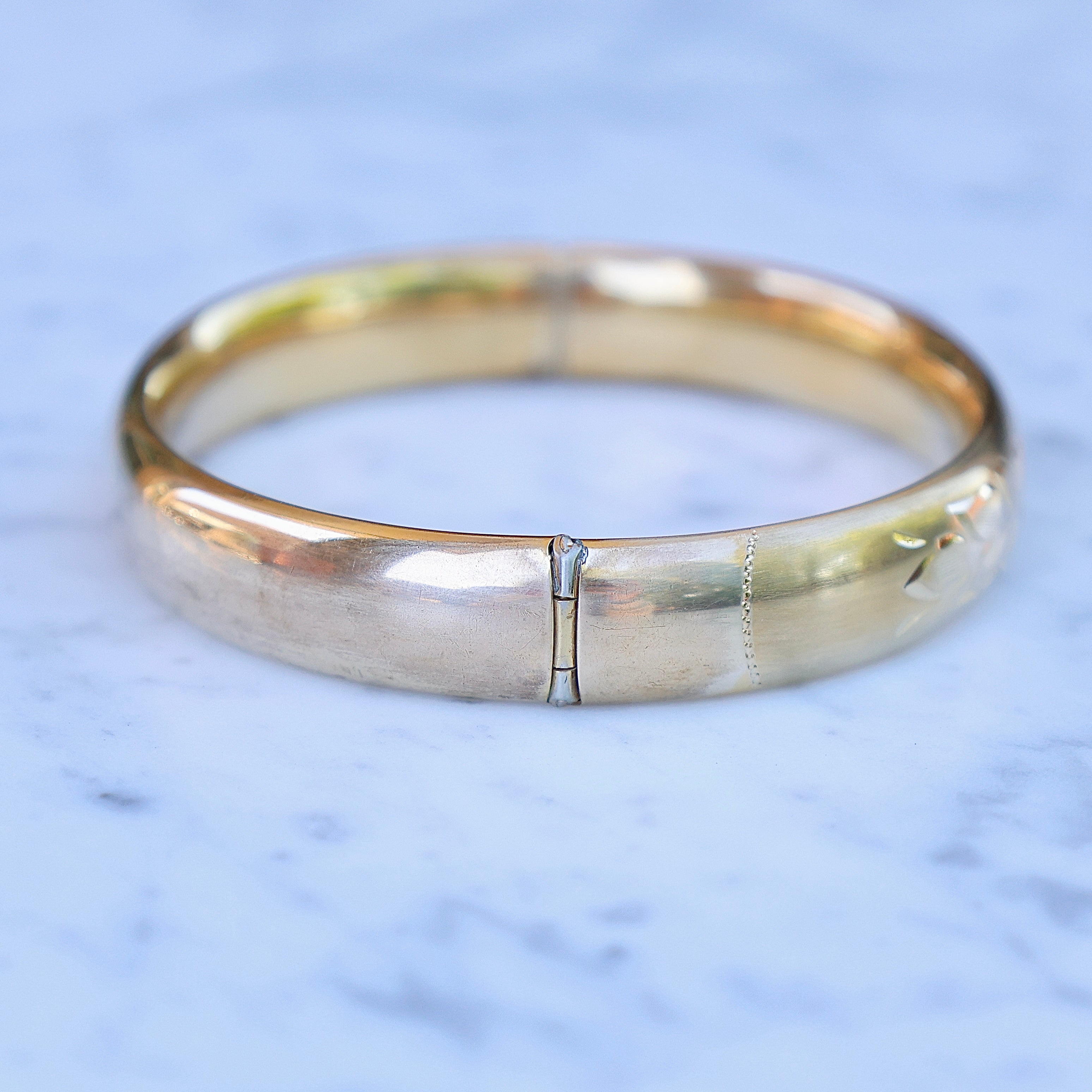 Vivian Grace Vintage Bracelet Gold Vintage 14k Gold-Filled Floral Etched Bangle Bracelet- Engraveable