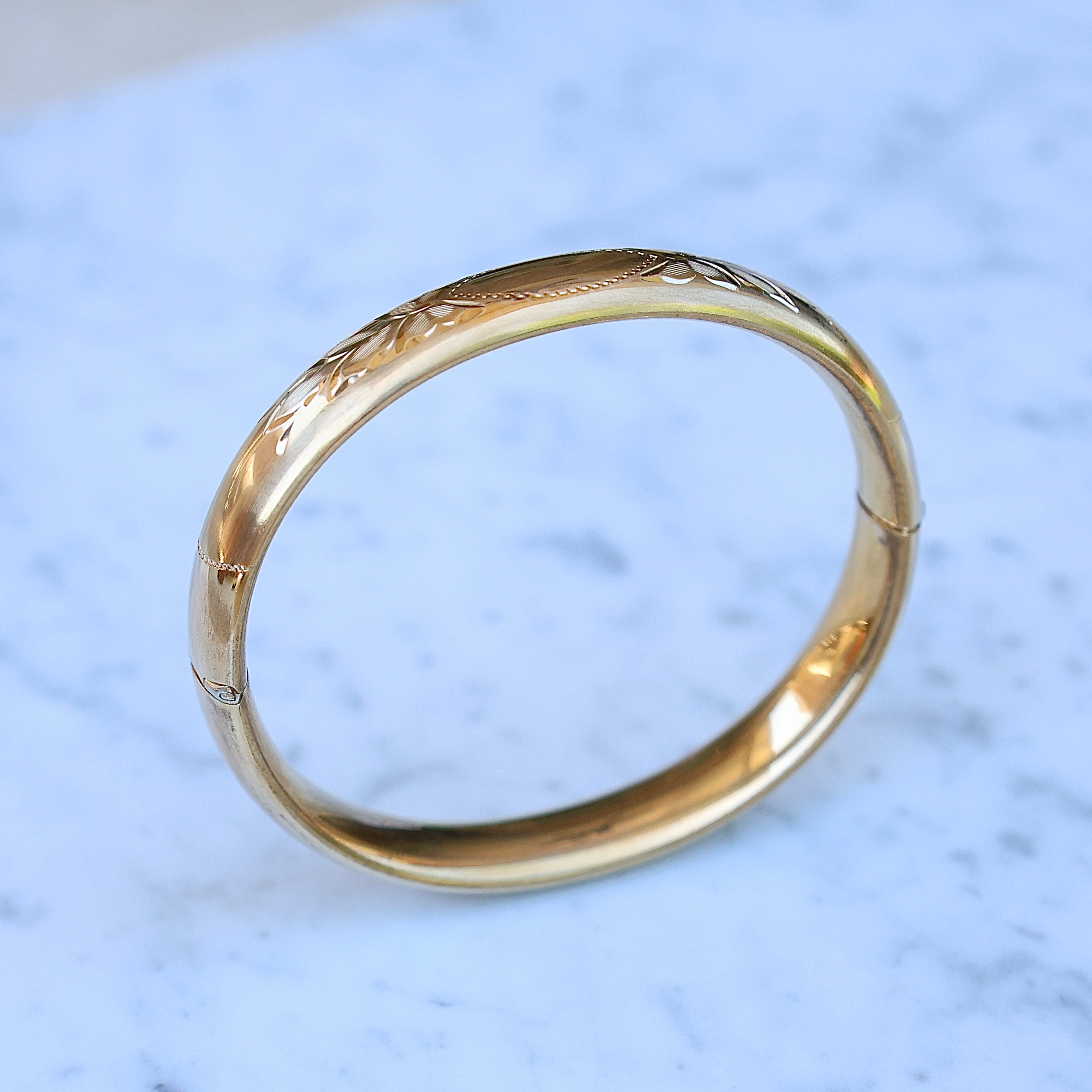 Vivian Grace Vintage Bracelet Gold Vintage 14k Gold-Filled Floral Etched Bangle Bracelet- Engraveable