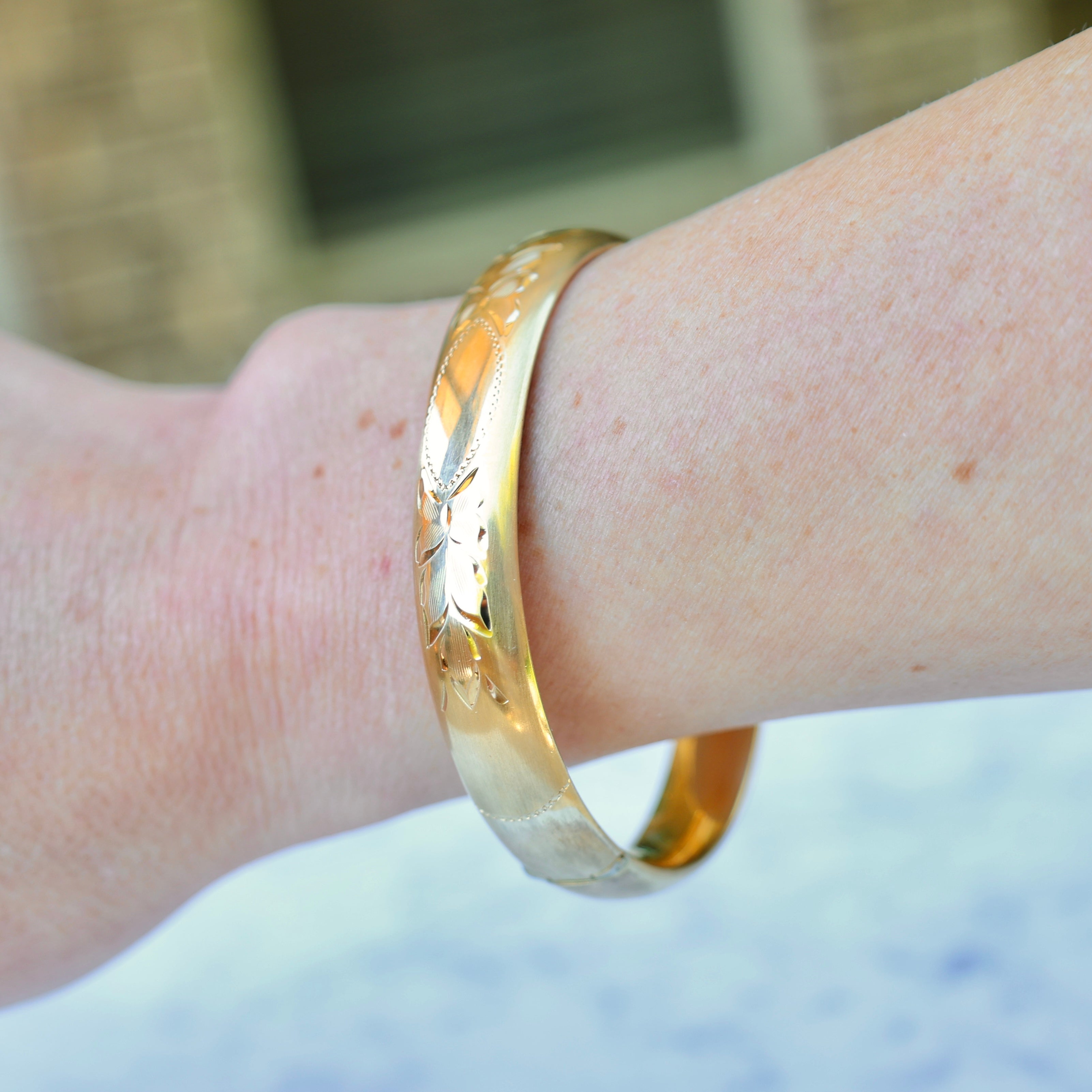 Vivian Grace Vintage Bracelet Gold Vintage 14k Gold-Filled Floral Etched Bangle Bracelet- Engraveable