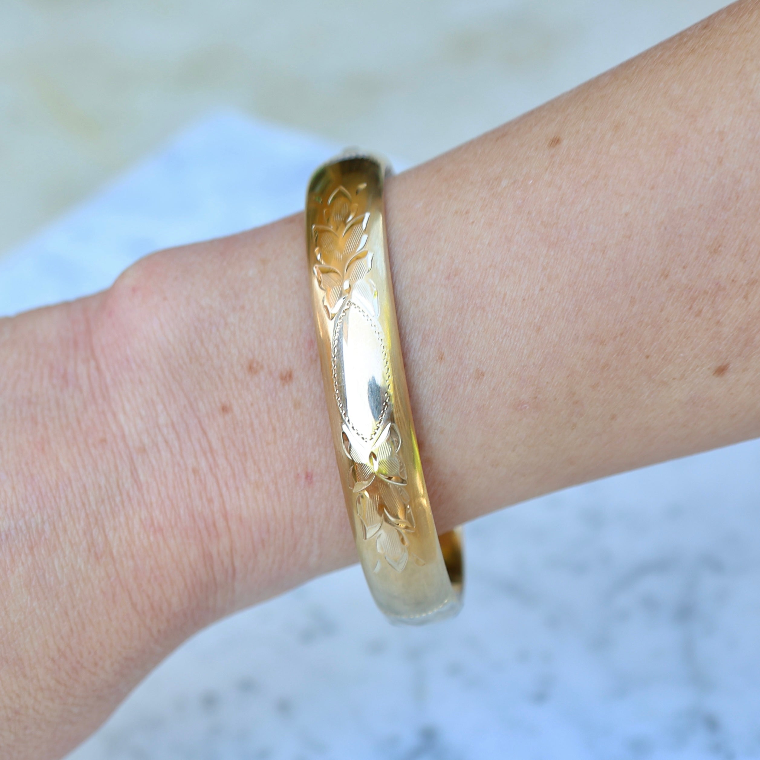 Vivian Grace Vintage Bracelet Gold Vintage 14k Gold-Filled Floral Etched Bangle Bracelet- Engraveable