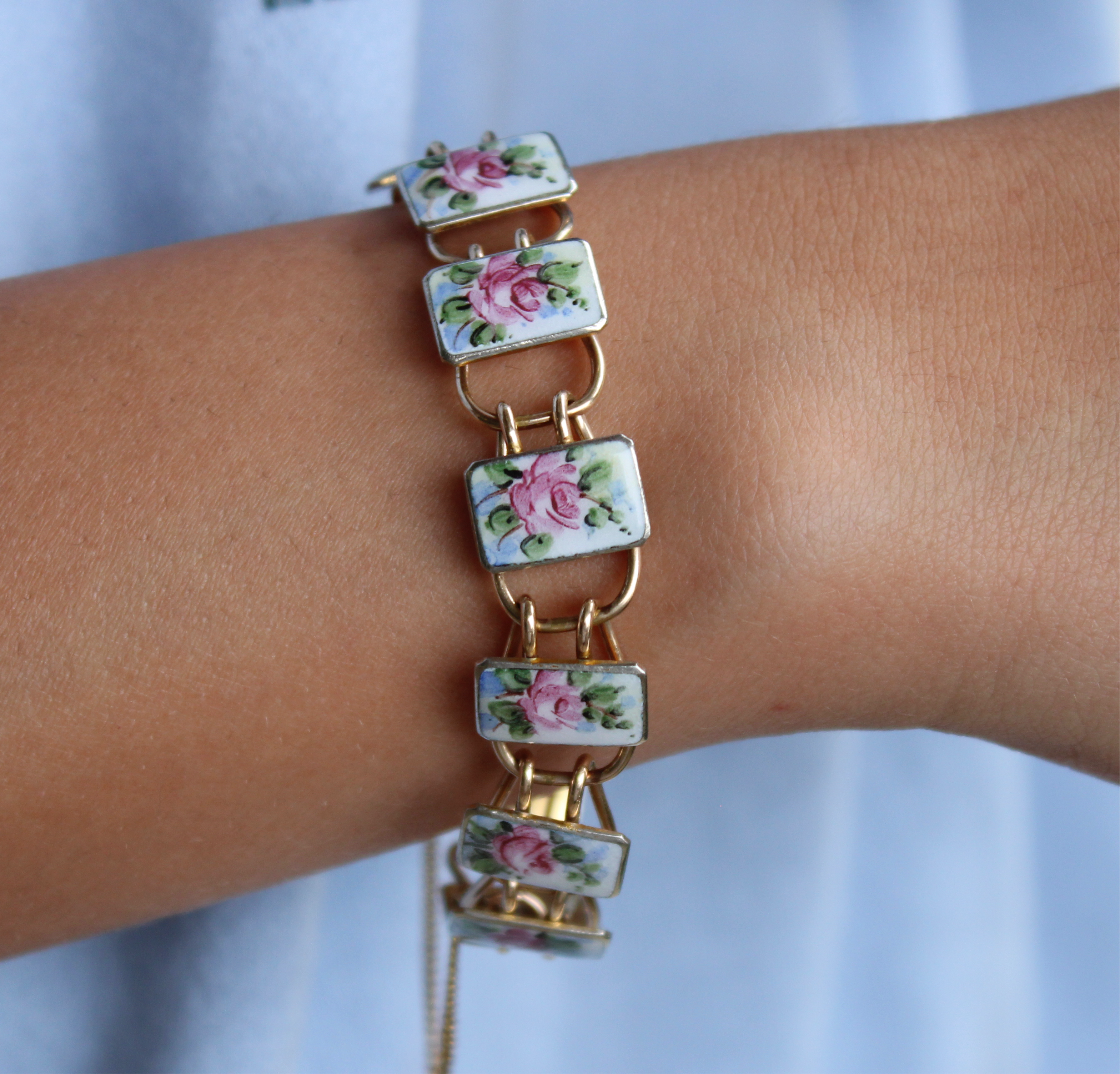 Vivian Grace Vintage Bracelet Gold Vintage Bliss Brothers Painted Floral Enamel Bracelet- Gold Vermeil (circa 1920)