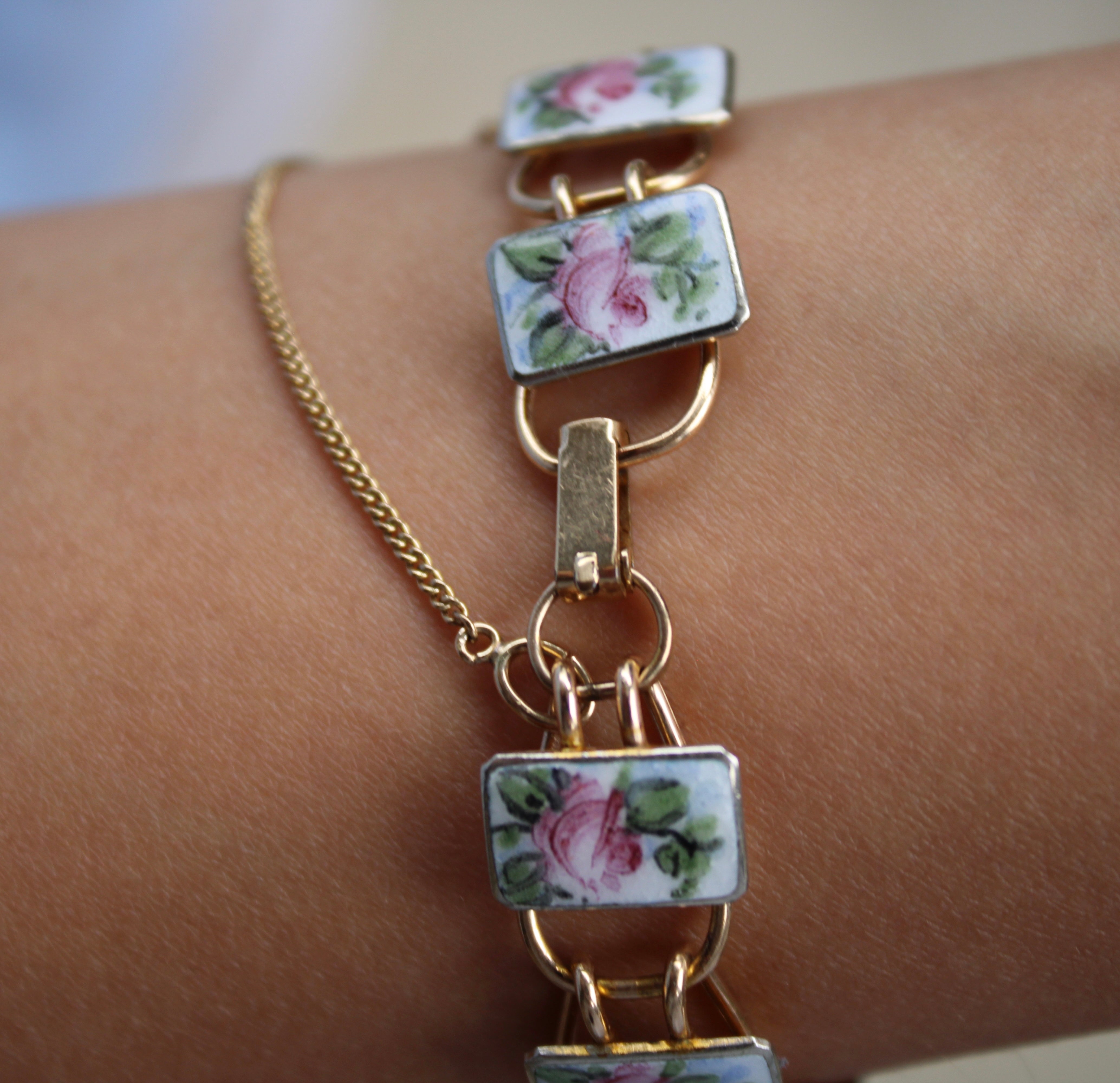 Vivian Grace Vintage Bracelet Gold Vintage Bliss Brothers Painted Floral Enamel Bracelet- Gold Vermeil (circa 1920)