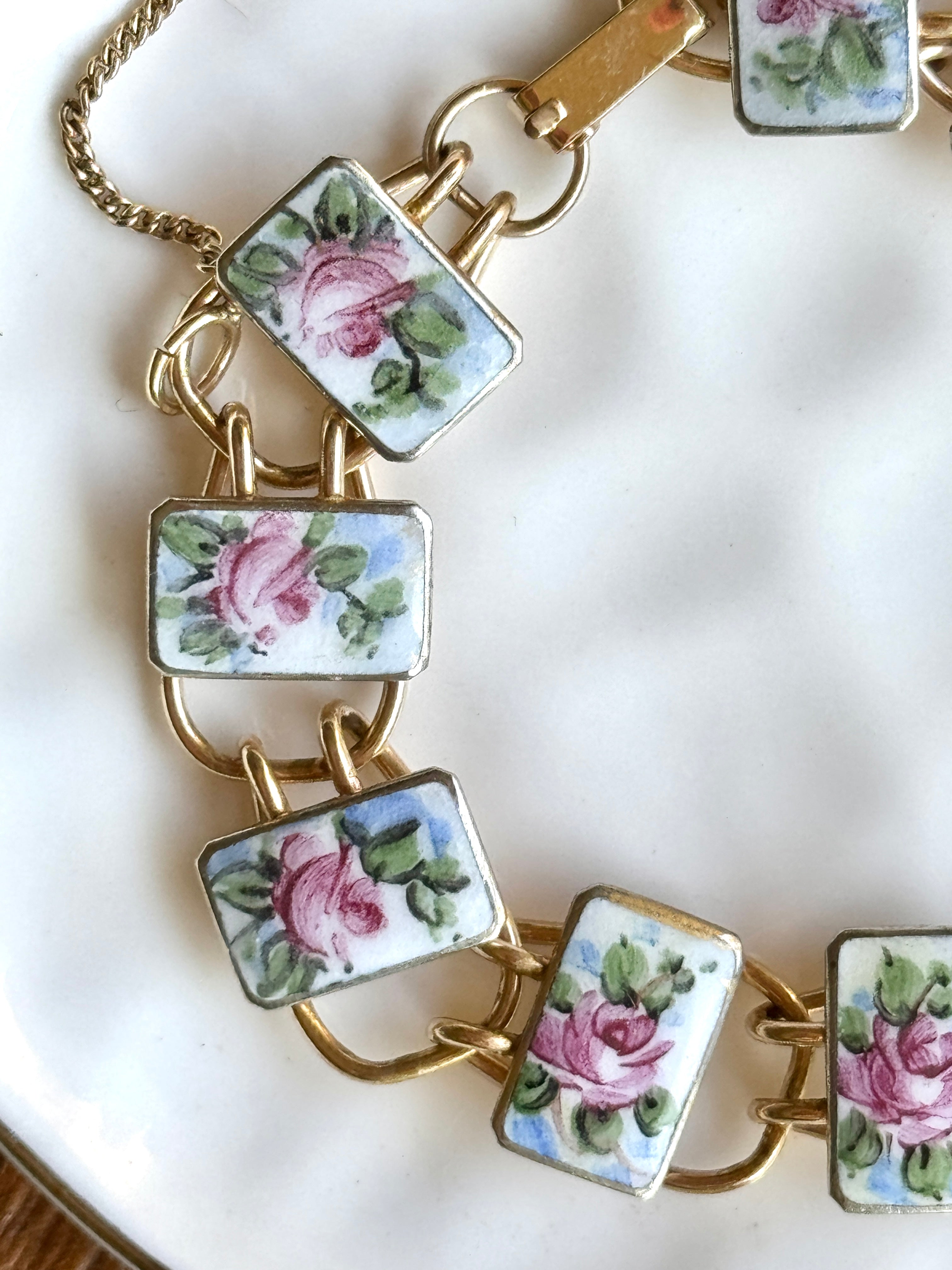 Vivian Grace Vintage Bracelet Gold Vintage Bliss Brothers Painted Floral Enamel Bracelet- Gold Vermeil (circa 1920)