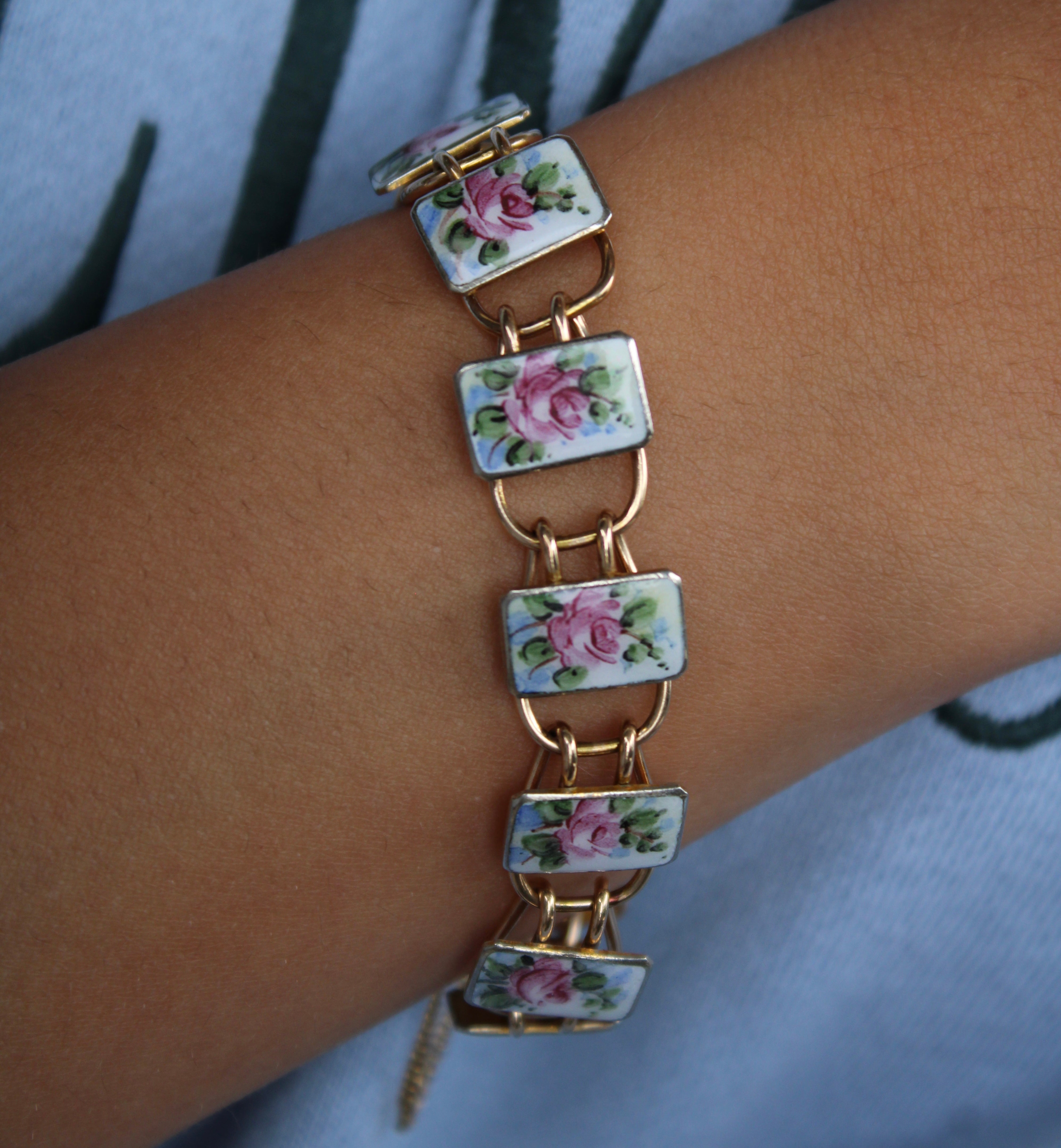 Vivian Grace Vintage Bracelet Gold Vintage Bliss Brothers Painted Floral Enamel Bracelet- Gold Vermeil (circa 1920)