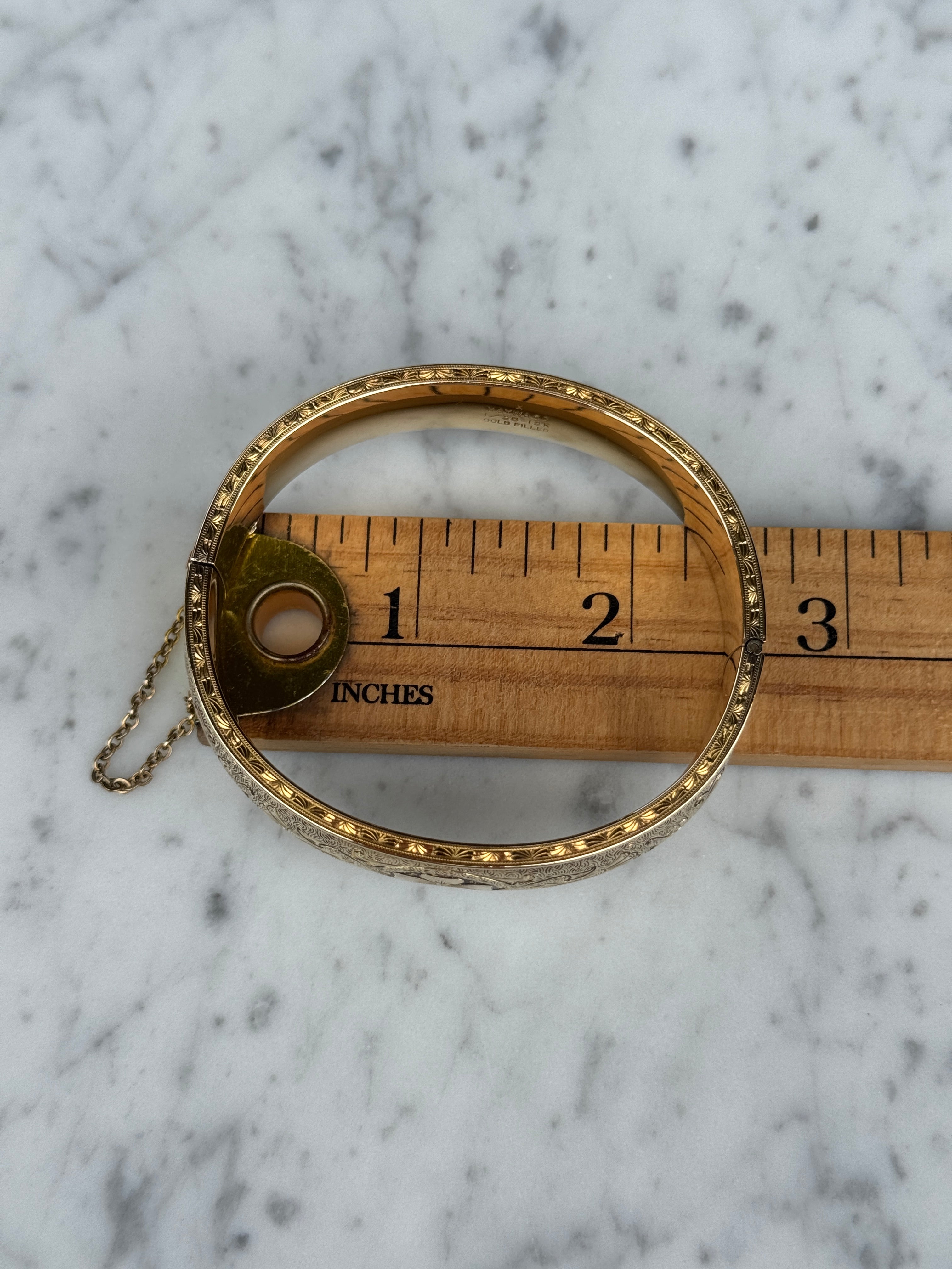 Vivian Grace Vintage Bracelet Gold Vintage Hinged 12k Gold Filled Etched Floral Bangle Bracelet - Hayward