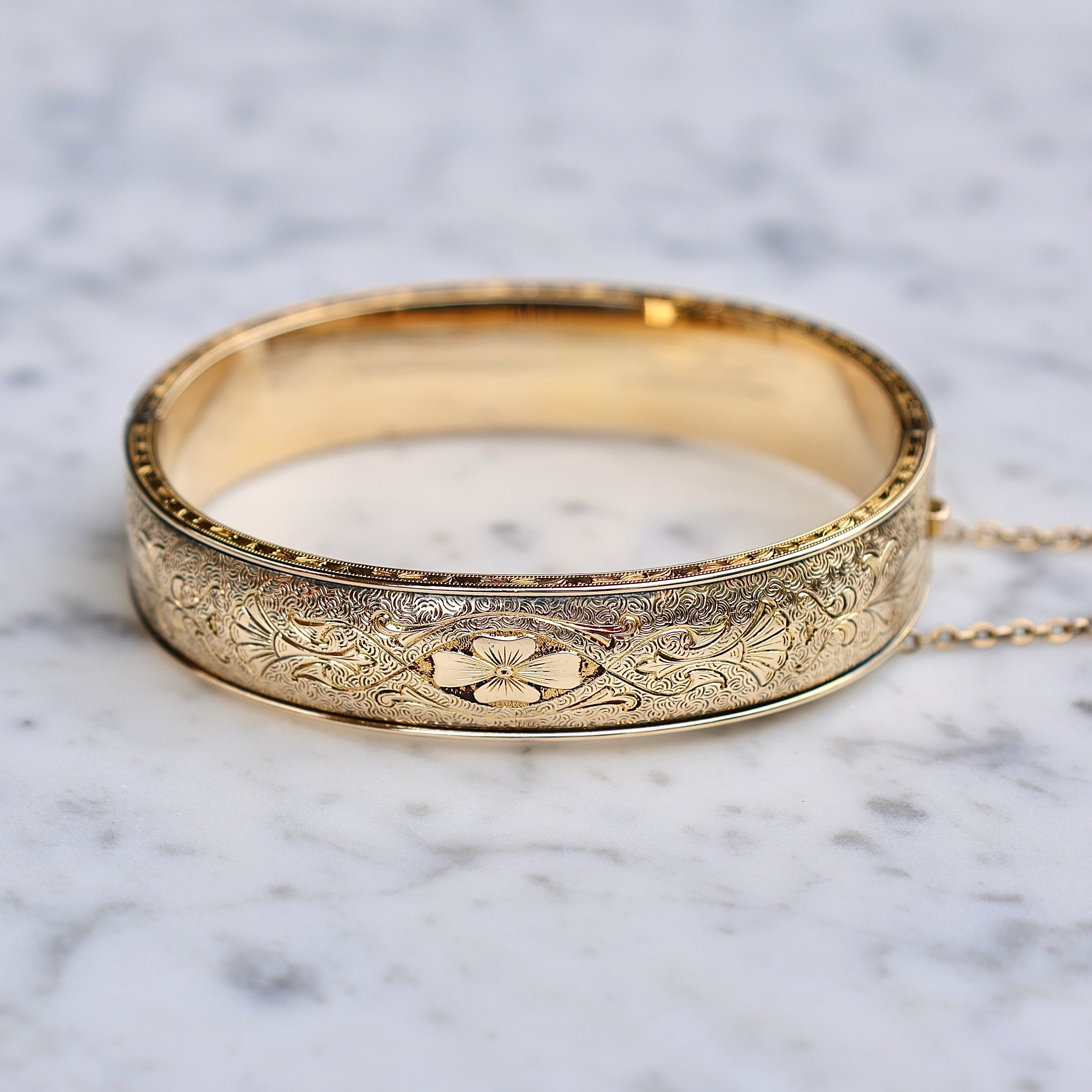 Vivian Grace Vintage Bracelet Gold Vintage Hinged 12k Gold Filled Etched Floral Bangle Bracelet - Hayward
