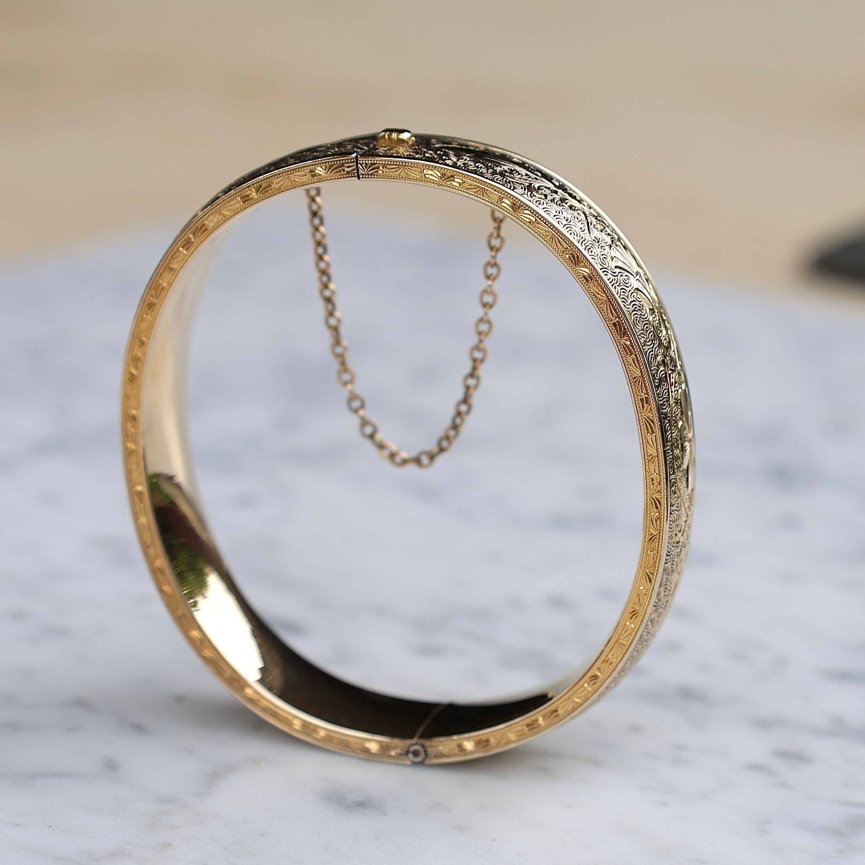 Vivian Grace Vintage Bracelet Gold Vintage Hinged 12k Gold Filled Etched Floral Bangle Bracelet - Hayward