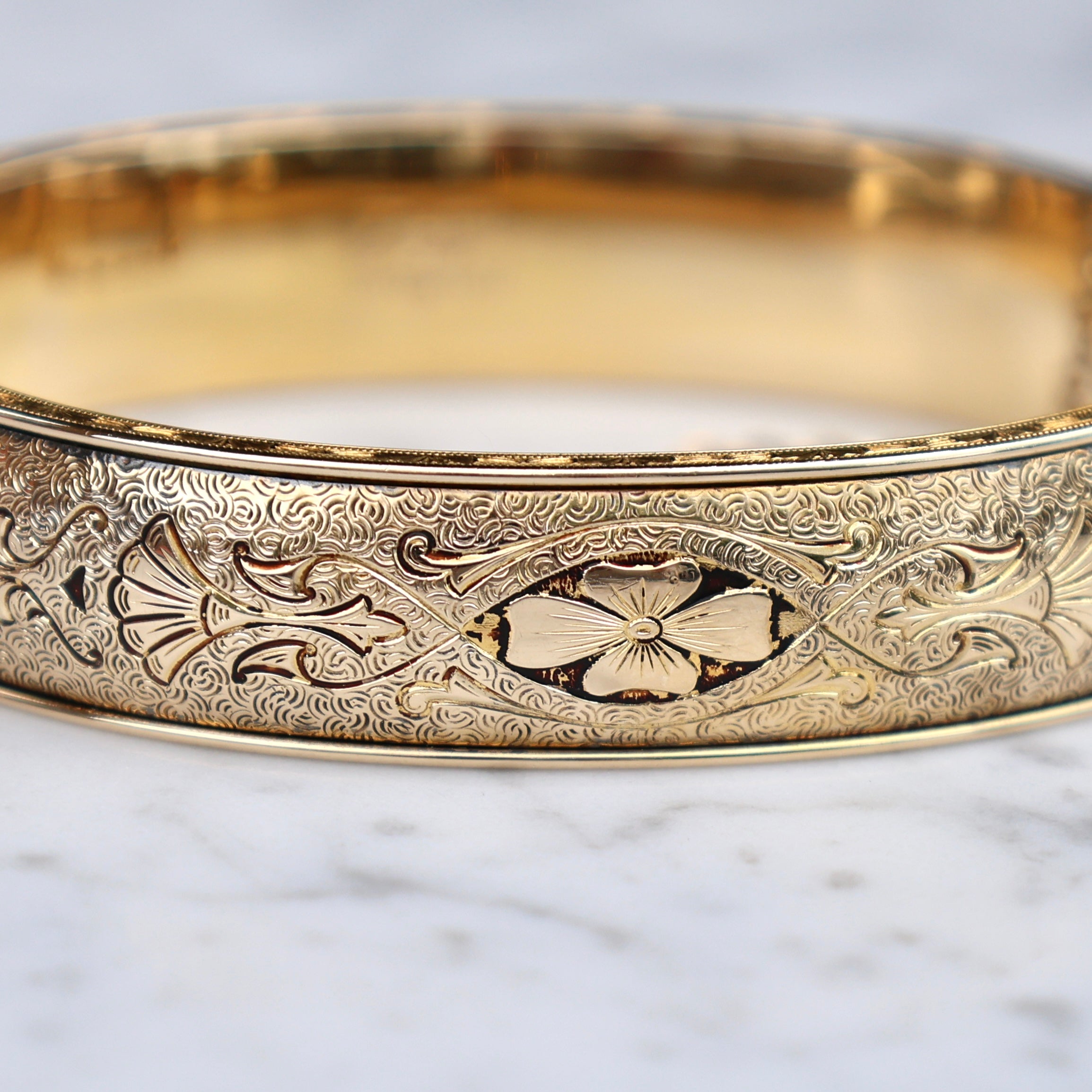 Vivian Grace Vintage Bracelet Gold Vintage Hinged 12k Gold Filled Etched Floral Bangle Bracelet - Hayward