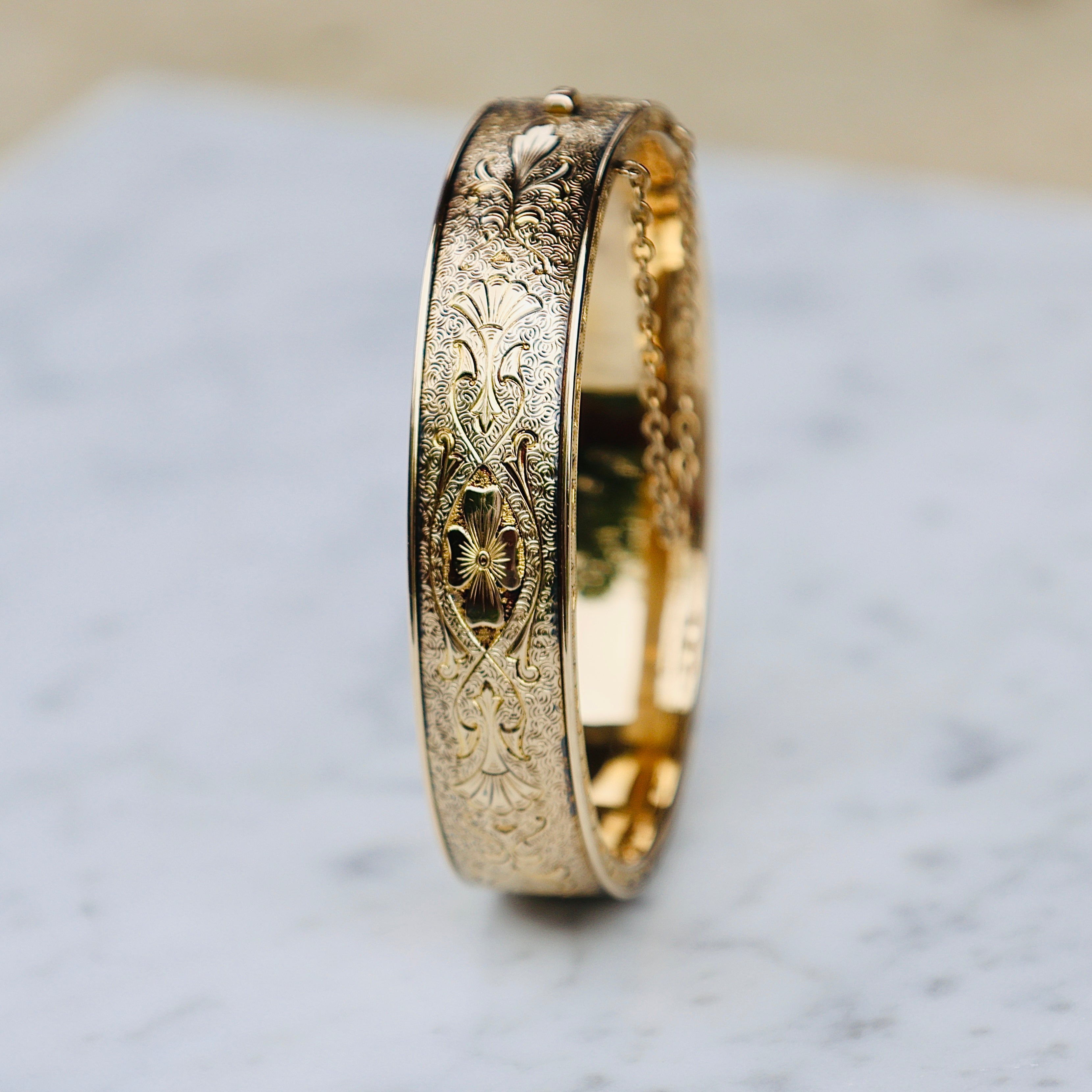 Vivian Grace Vintage Bracelet Gold Vintage Hinged 12k Gold Filled Etched Floral Bangle Bracelet - Hayward