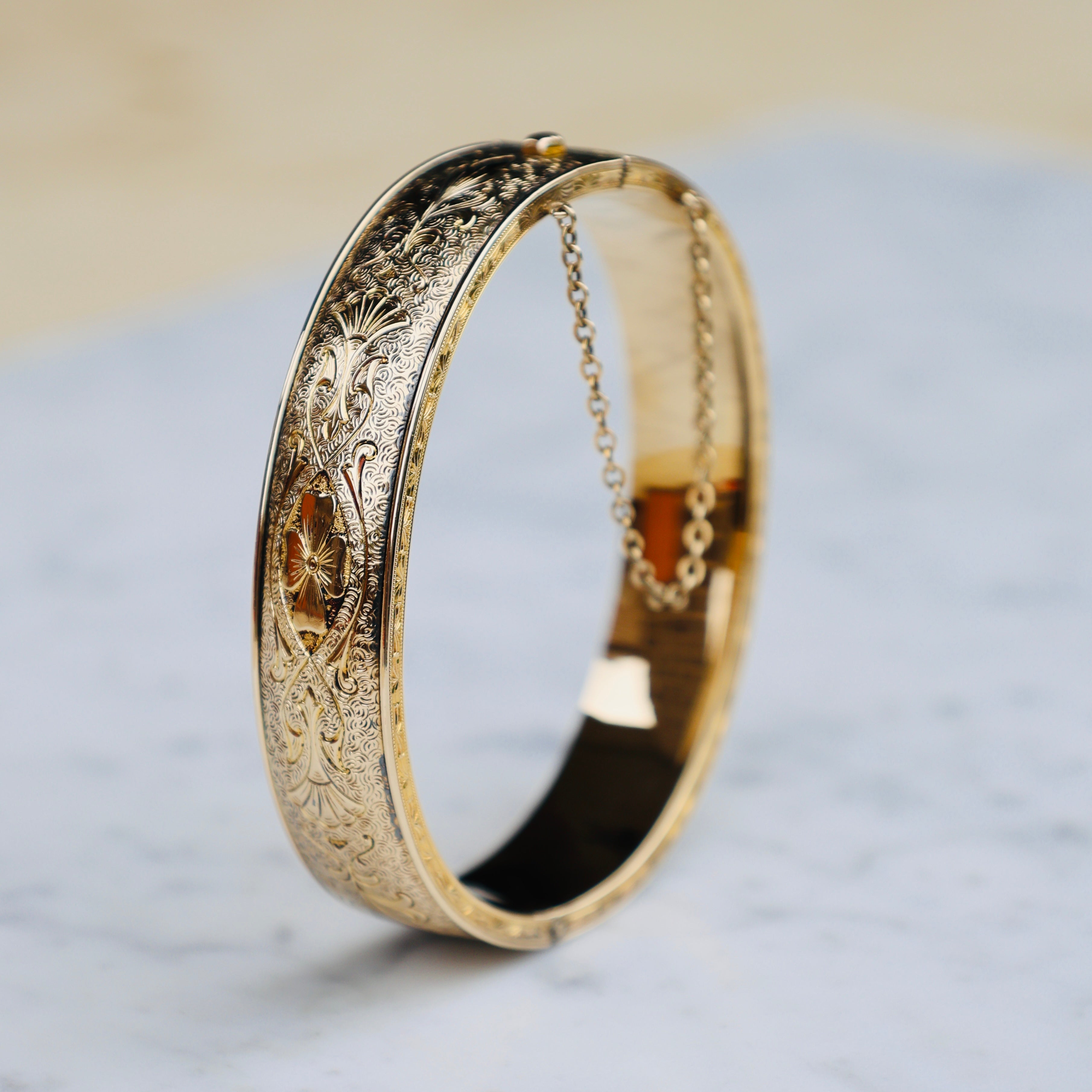 Vivian Grace Vintage Bracelet Gold Vintage Hinged 12k Gold Filled Etched Floral Bangle Bracelet - Hayward