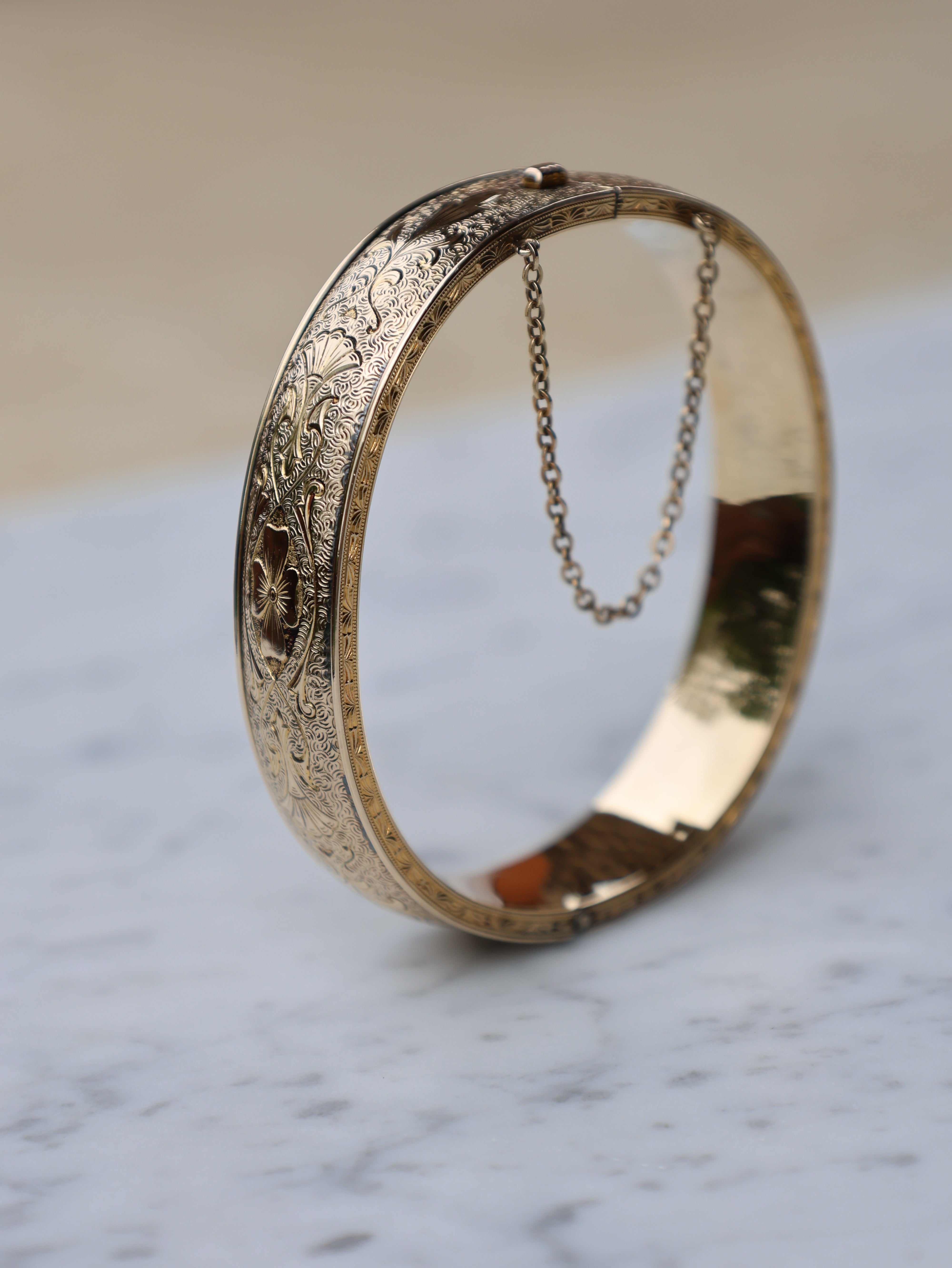 Vivian Grace Vintage Bracelet Gold Vintage Hinged 12k Gold Filled Etched Floral Bangle Bracelet - Hayward