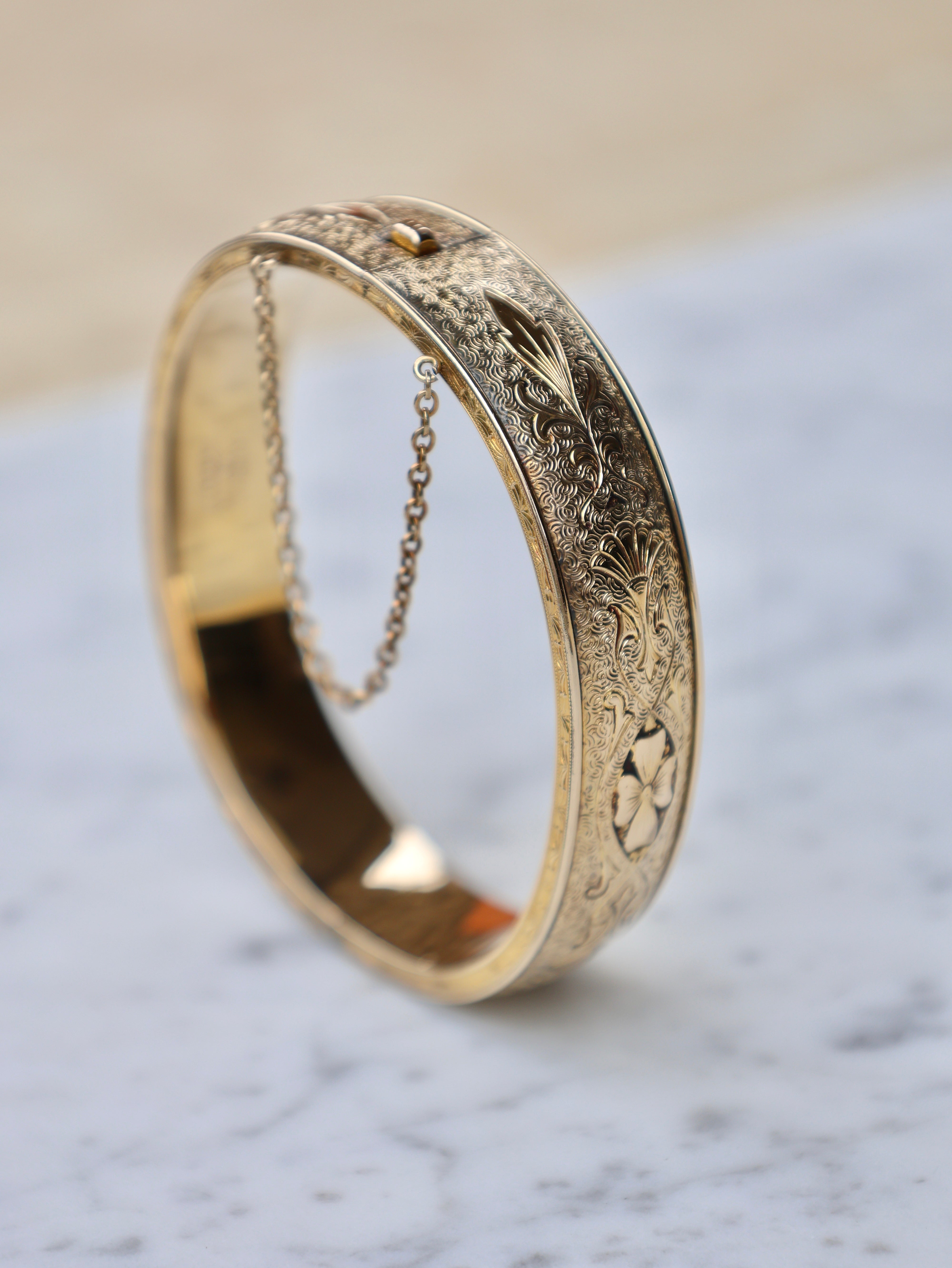 Vivian Grace Vintage Bracelet Gold Vintage Hinged 12k Gold Filled Etched Floral Bangle Bracelet - Hayward