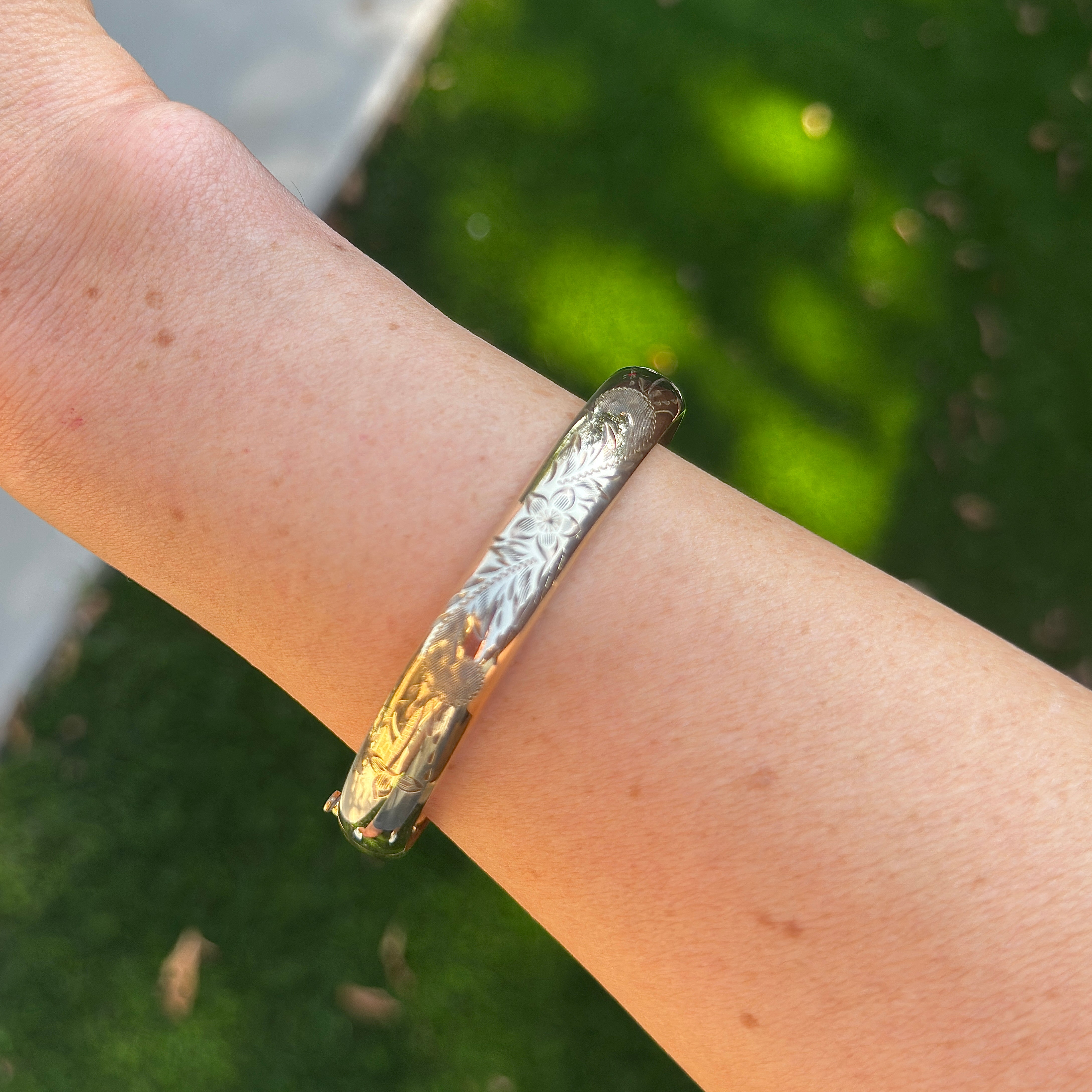 Vivian Grace Vintage Bracelet Gold Vintage Mid-Century 14k Gold-Filled Floral Etched Bangle Bracelet by H.F.B.