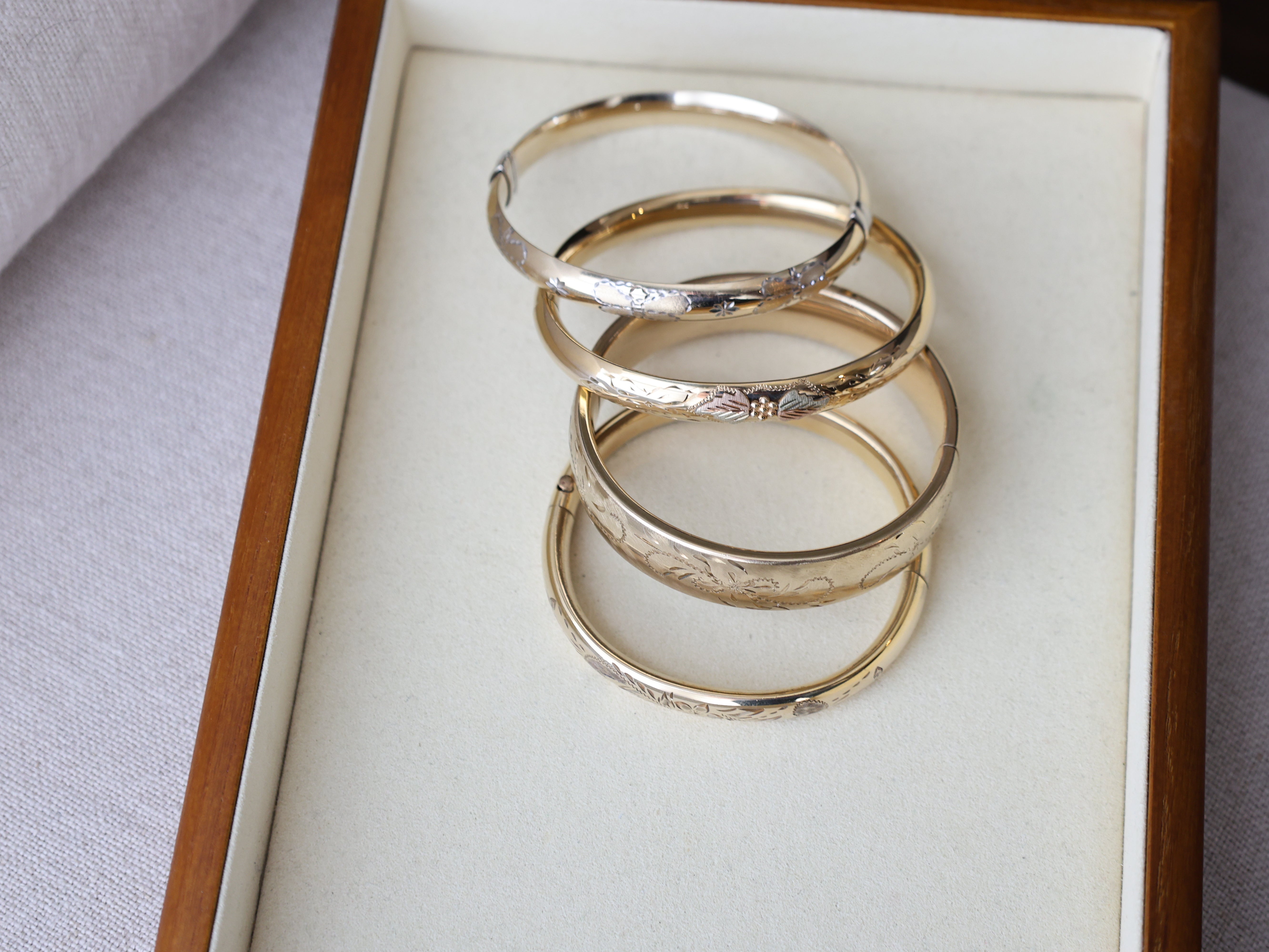 Vivian Grace Vintage Bracelet Gold Vintage Mid-Century 14k Gold-Filled Floral Etched Bangle Bracelet by H.F.B.