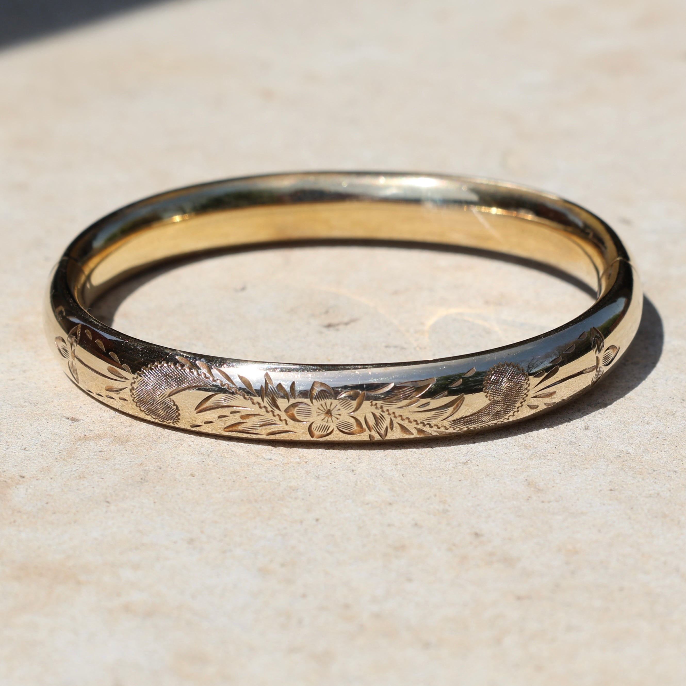 Vivian Grace Vintage Bracelet Gold Vintage Mid-Century 14k Gold-Filled Floral Etched Bangle Bracelet by H.F.B.