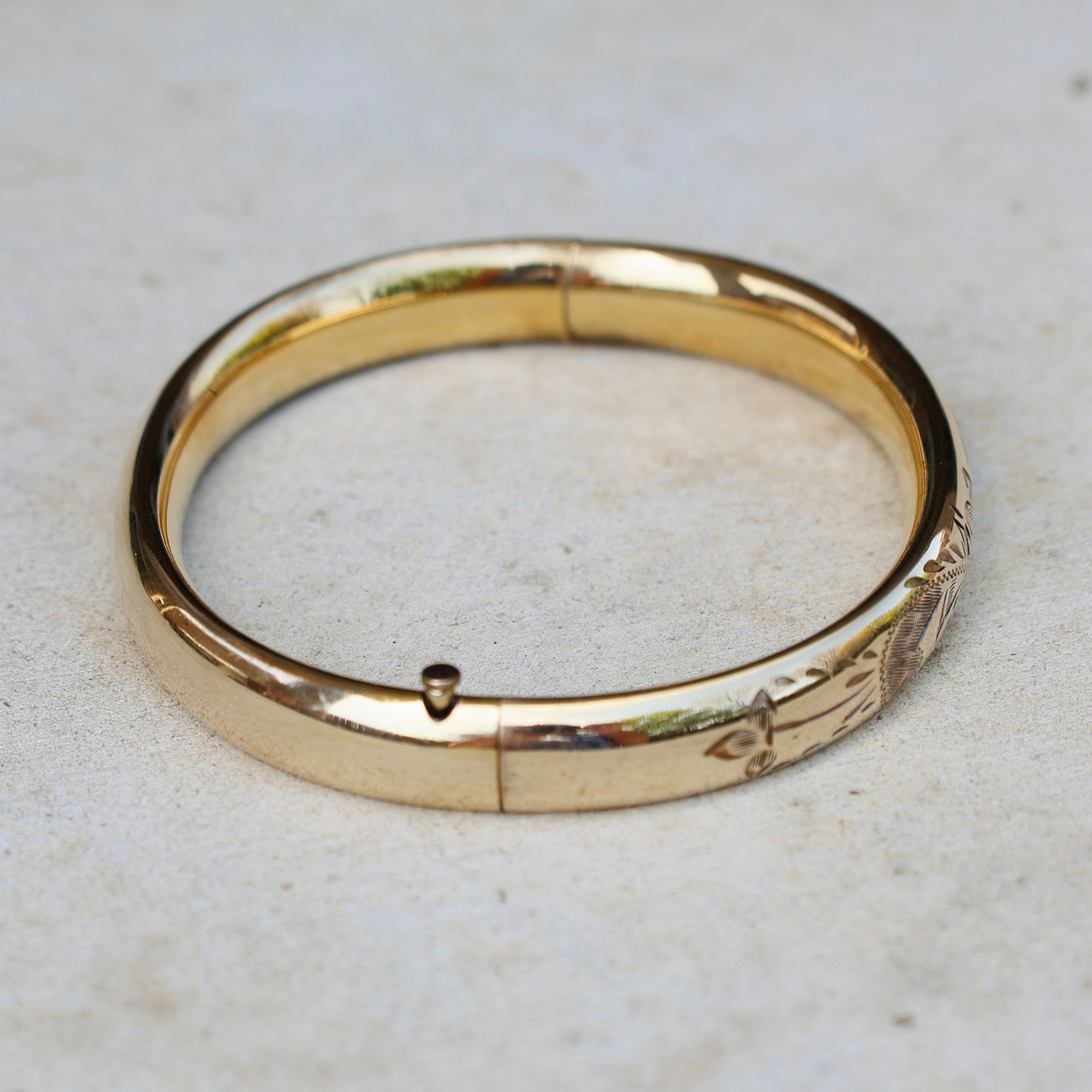 Vivian Grace Vintage Bracelet Gold Vintage Mid-Century 14k Gold-Filled Floral Etched Bangle Bracelet by H.F.B.