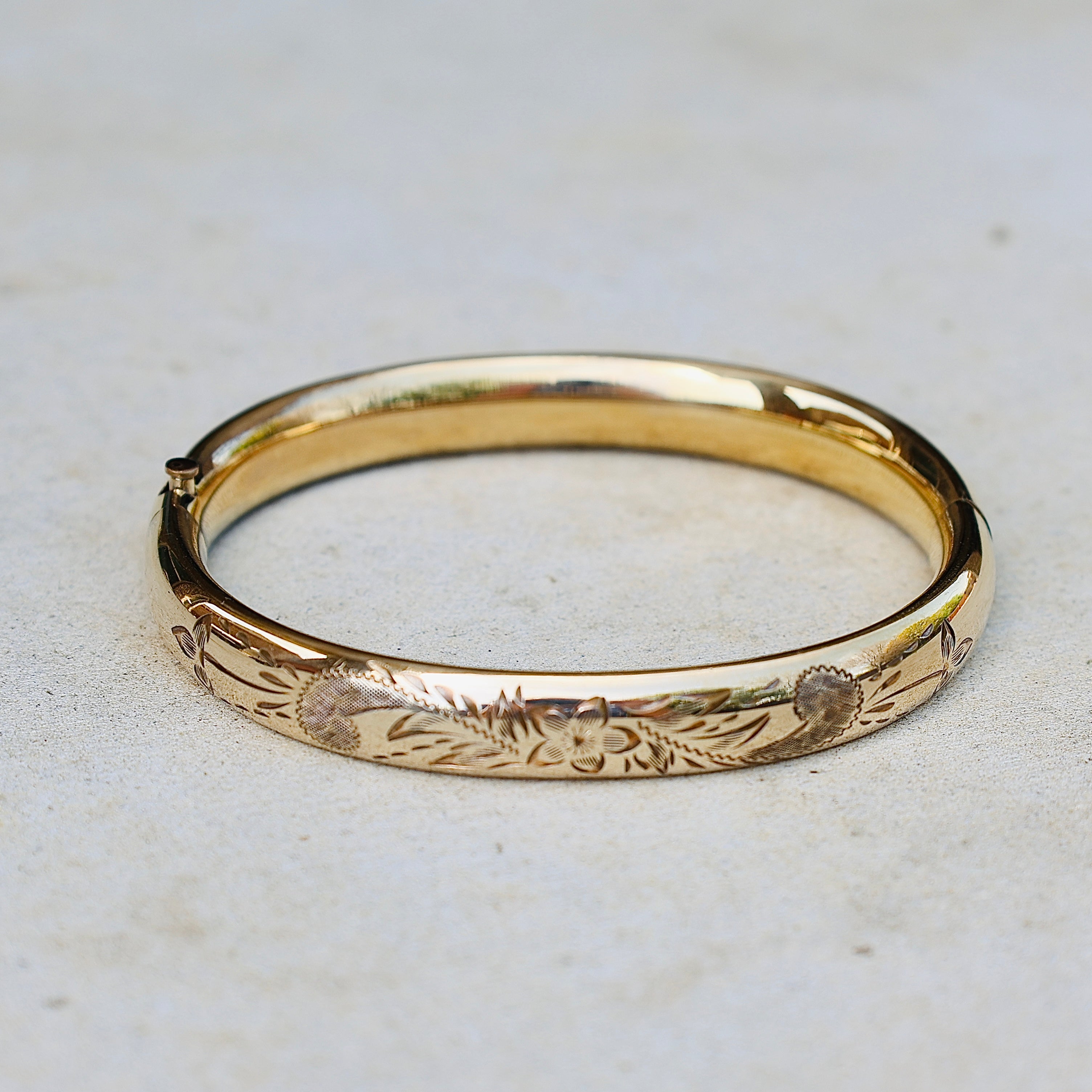 Vivian Grace Vintage Bracelet Gold Vintage Mid-Century 14k Gold-Filled Floral Etched Bangle Bracelet by H.F.B.