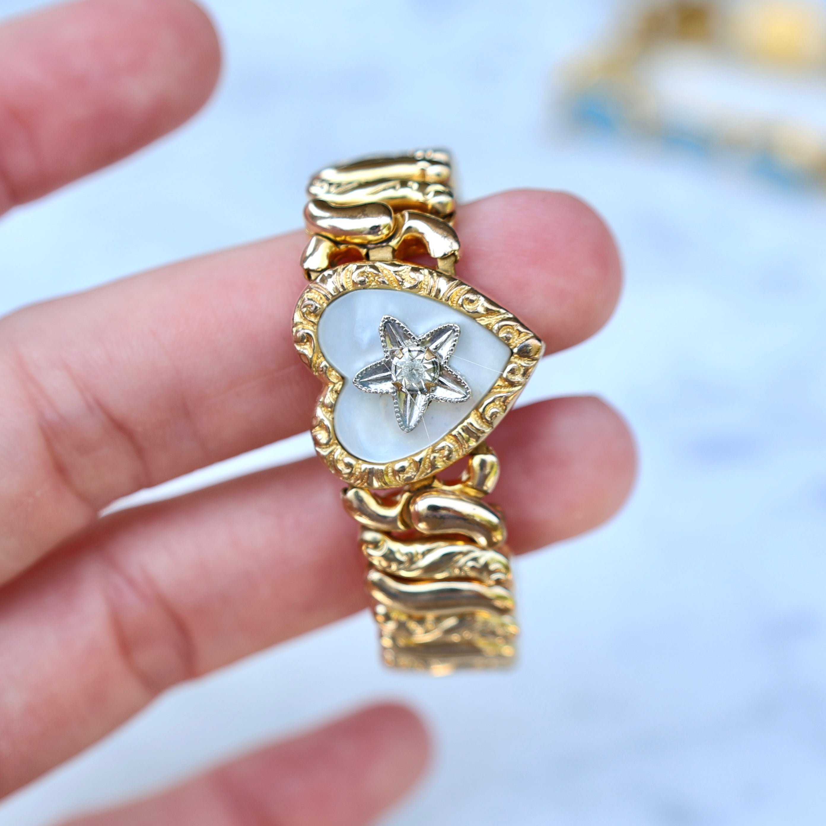 Vivian Grace Vintage Bracelet Gold Vintage Mother of Pearl Gold Filled Sweetheart Expansion Bracelet