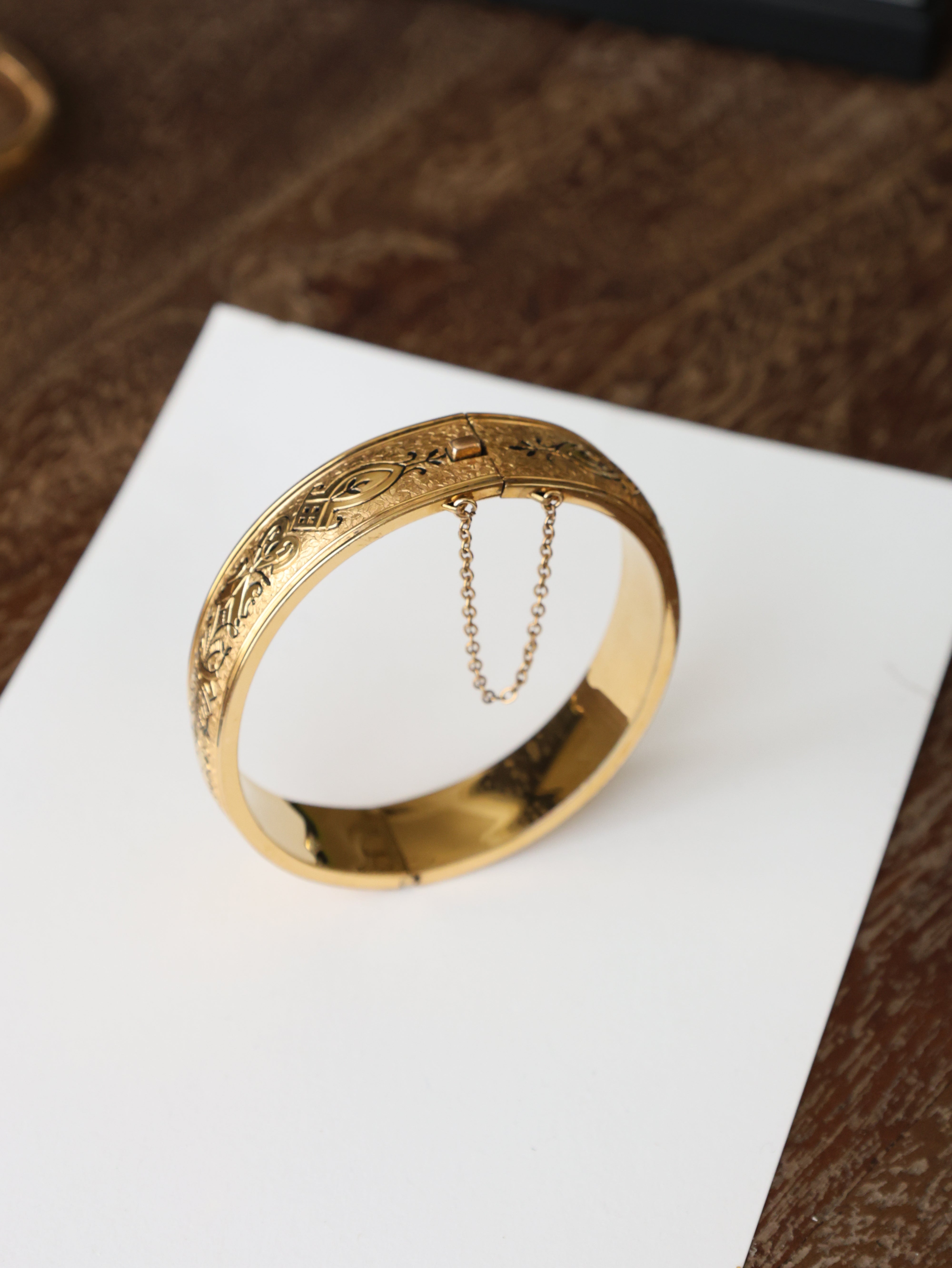 Vivian Grace Vintage Bracelet Gold Vintage Taille D'Epargne Hinged Gold-Filled Etched Bangle Bracelet - Bates & Bacon