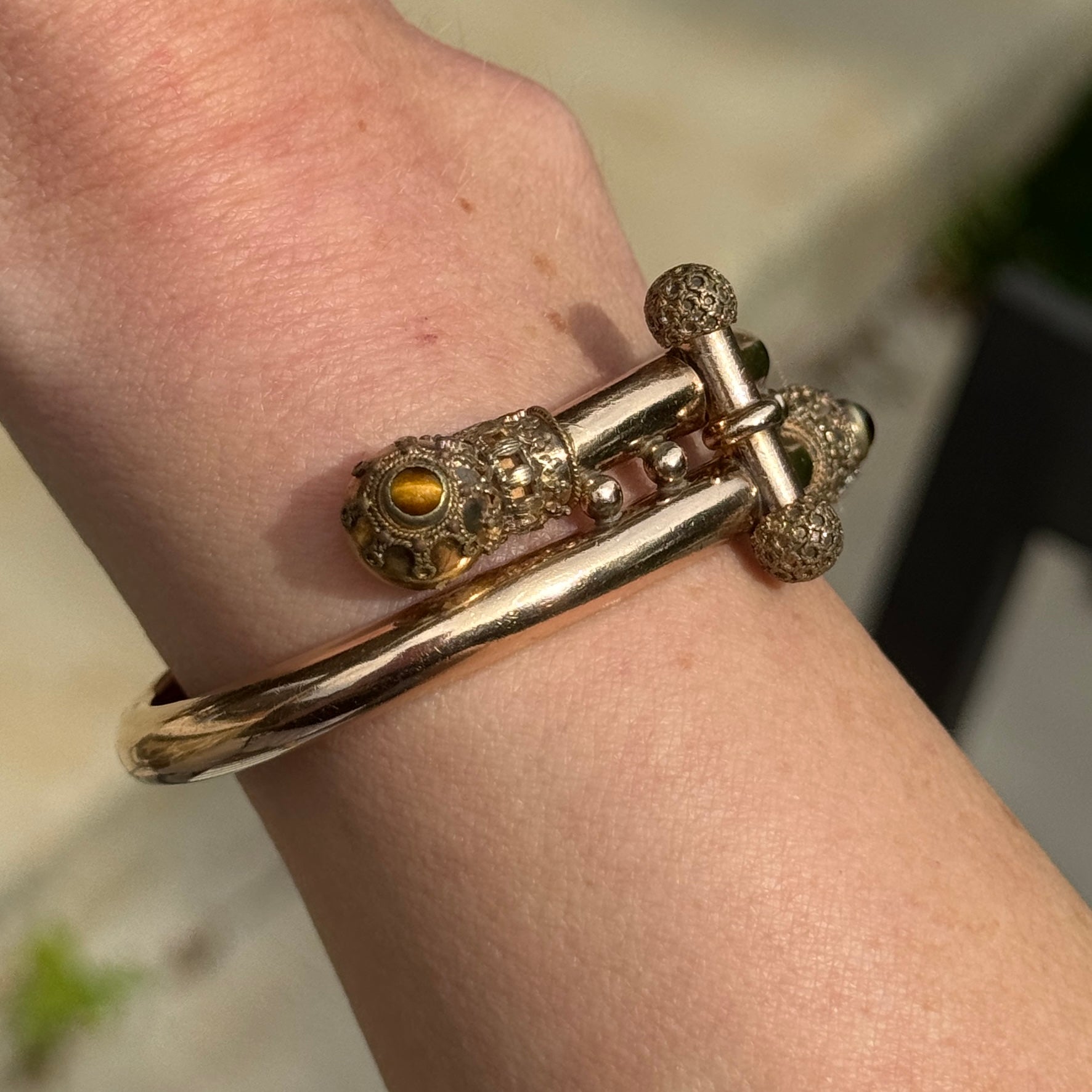 Vivian Grace Vintage Bracelet Rose Gold Vintage Victorian Etruscan Hinged Bypass Bangle Bracelet (circa 1880)- Tigers Eye