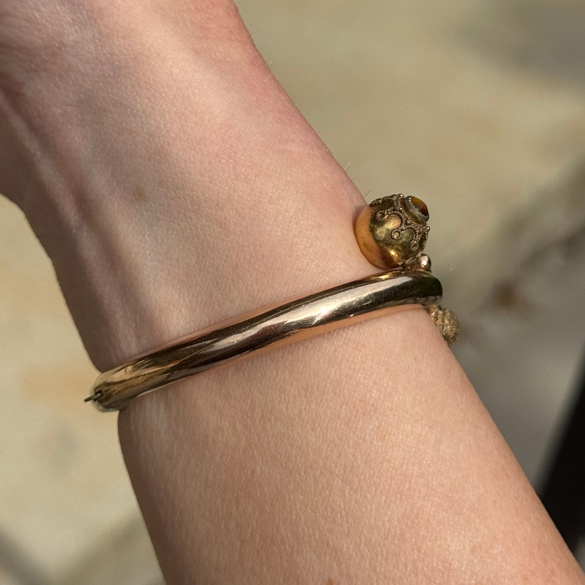 Vivian Grace Vintage Bracelet Rose Gold Vintage Victorian Etruscan Hinged Bypass Bangle Bracelet (circa 1880)- Tigers Eye